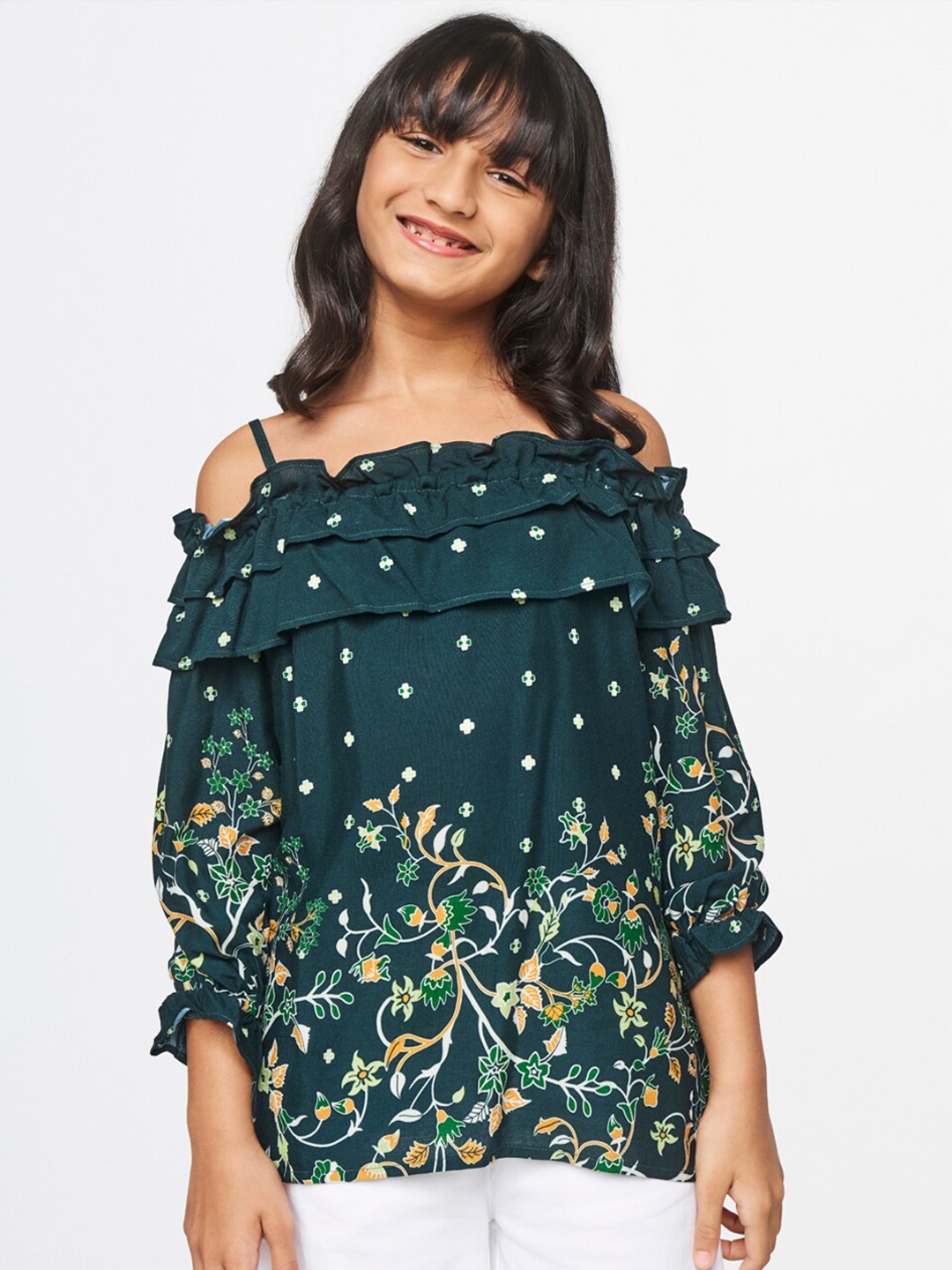 

Global Desi Girl Green Floral Print Top