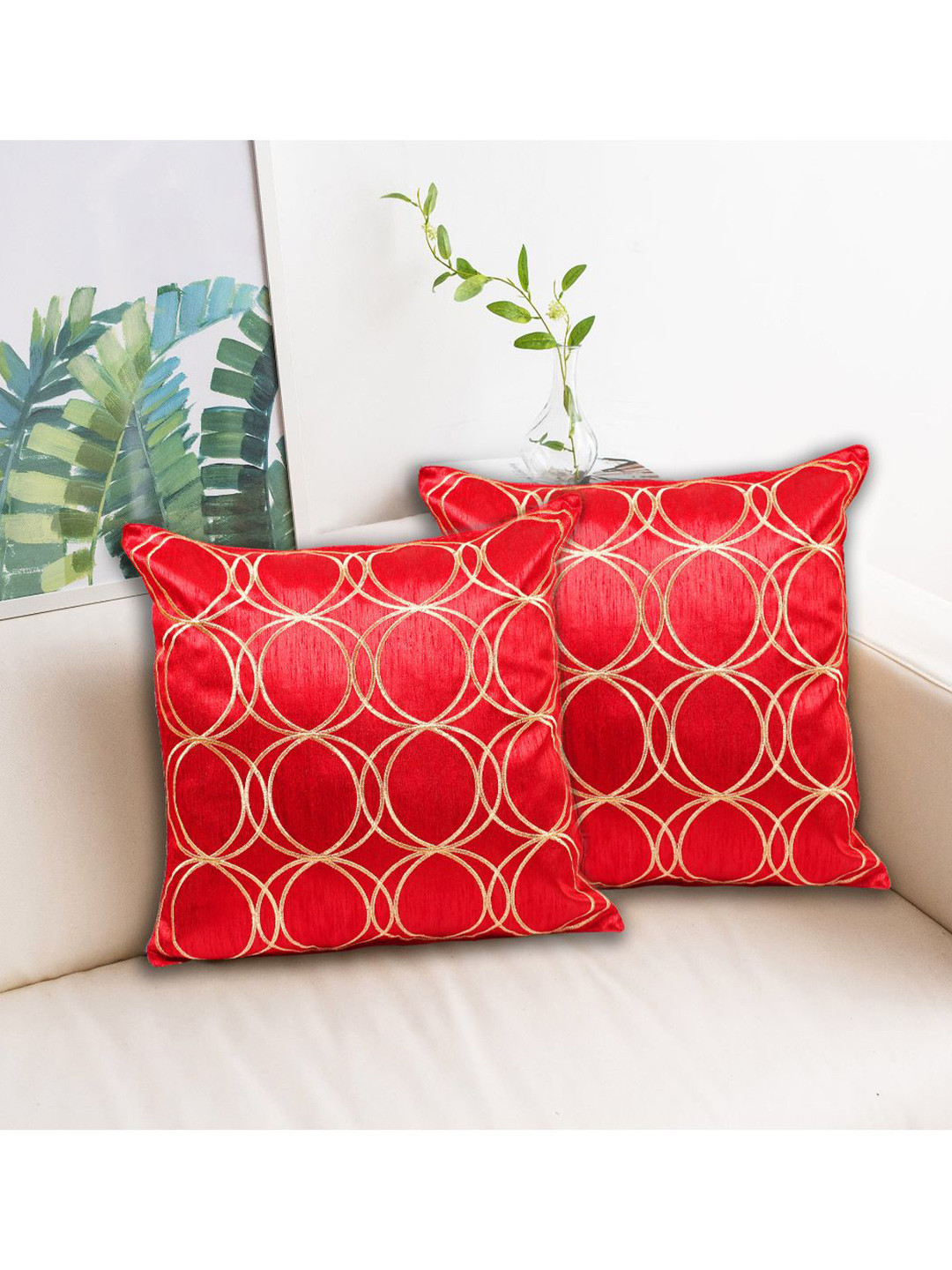 

INDHOME LIFE Red & Gold-Toned Set of 2 Embroidered Square Cushion Covers