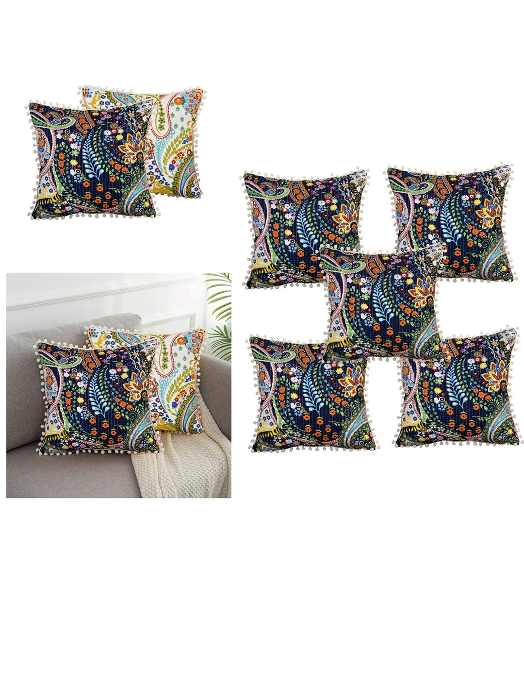 

INDHOME LIFE Navy Blue & Green Set of 5 Floral Square Cushion Covers
