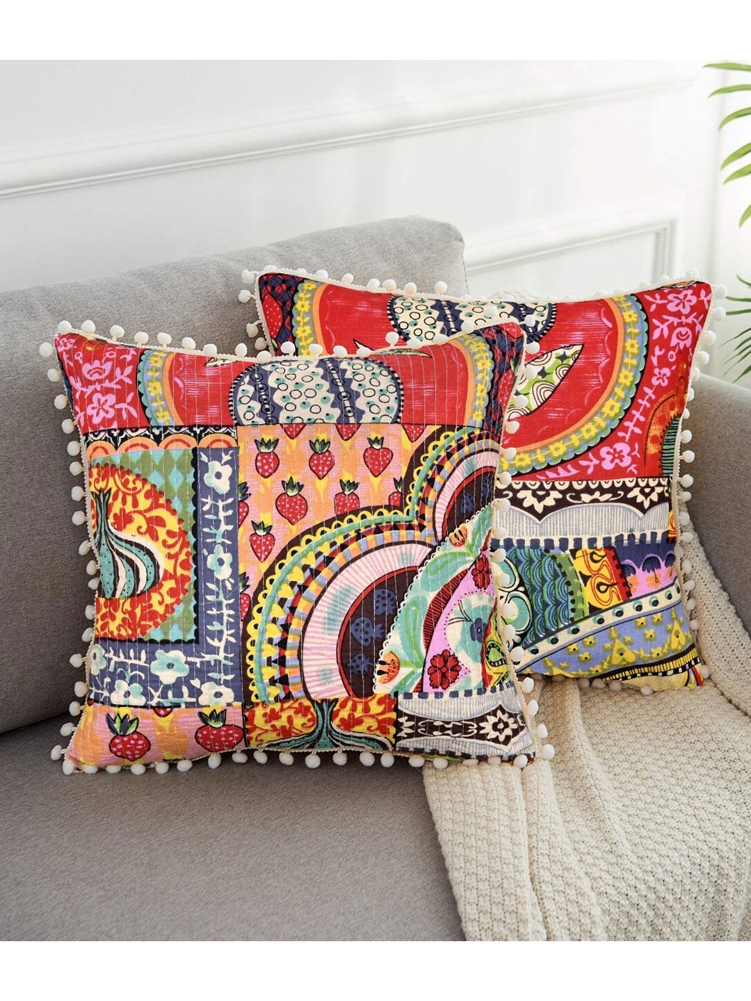

INDHOME LIFE Green & Pink Set of 2 Floral Square Cushion Covers