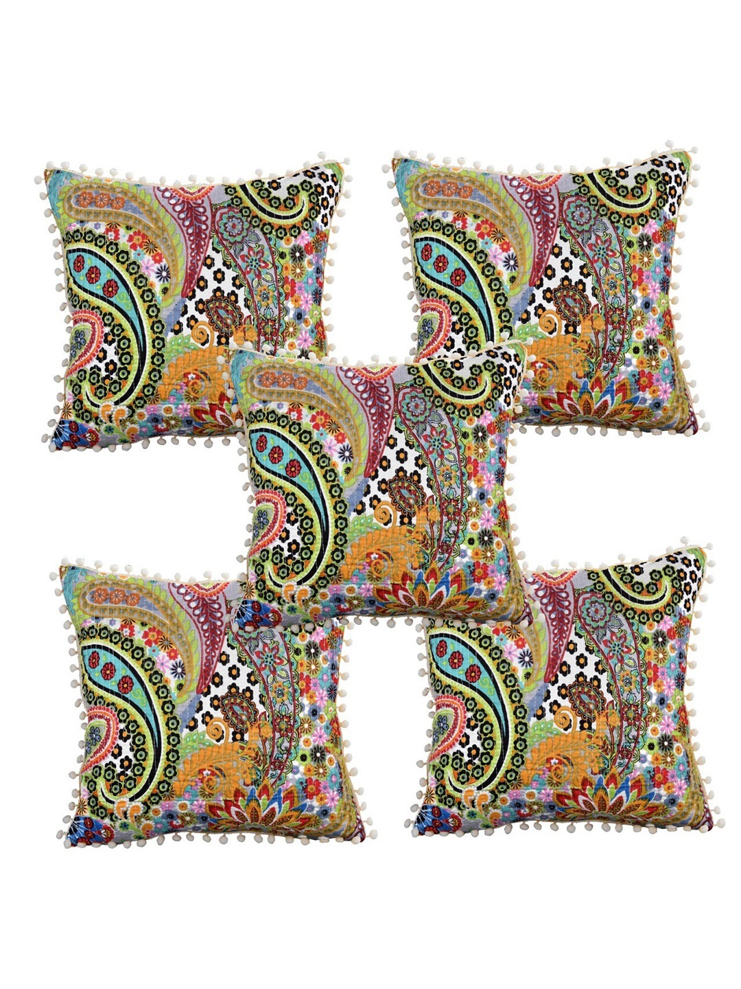 

INDHOME LIFE Green & White Set of 5 Floral Printed Square Reversible Cushion Covers