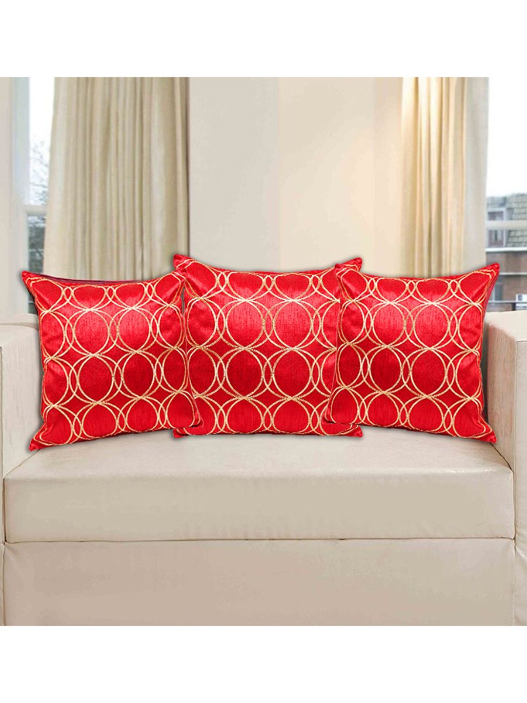 

INDHOME LIFE Red & Gold-Toned Set of 3 Embroidered Square Cushion Covers