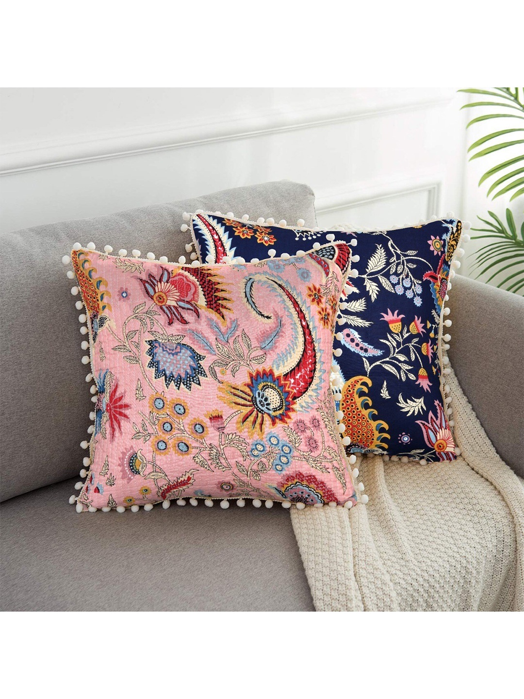 

INDHOME LIFE Pink & Black Set of 2 Floral Square Cushion Covers