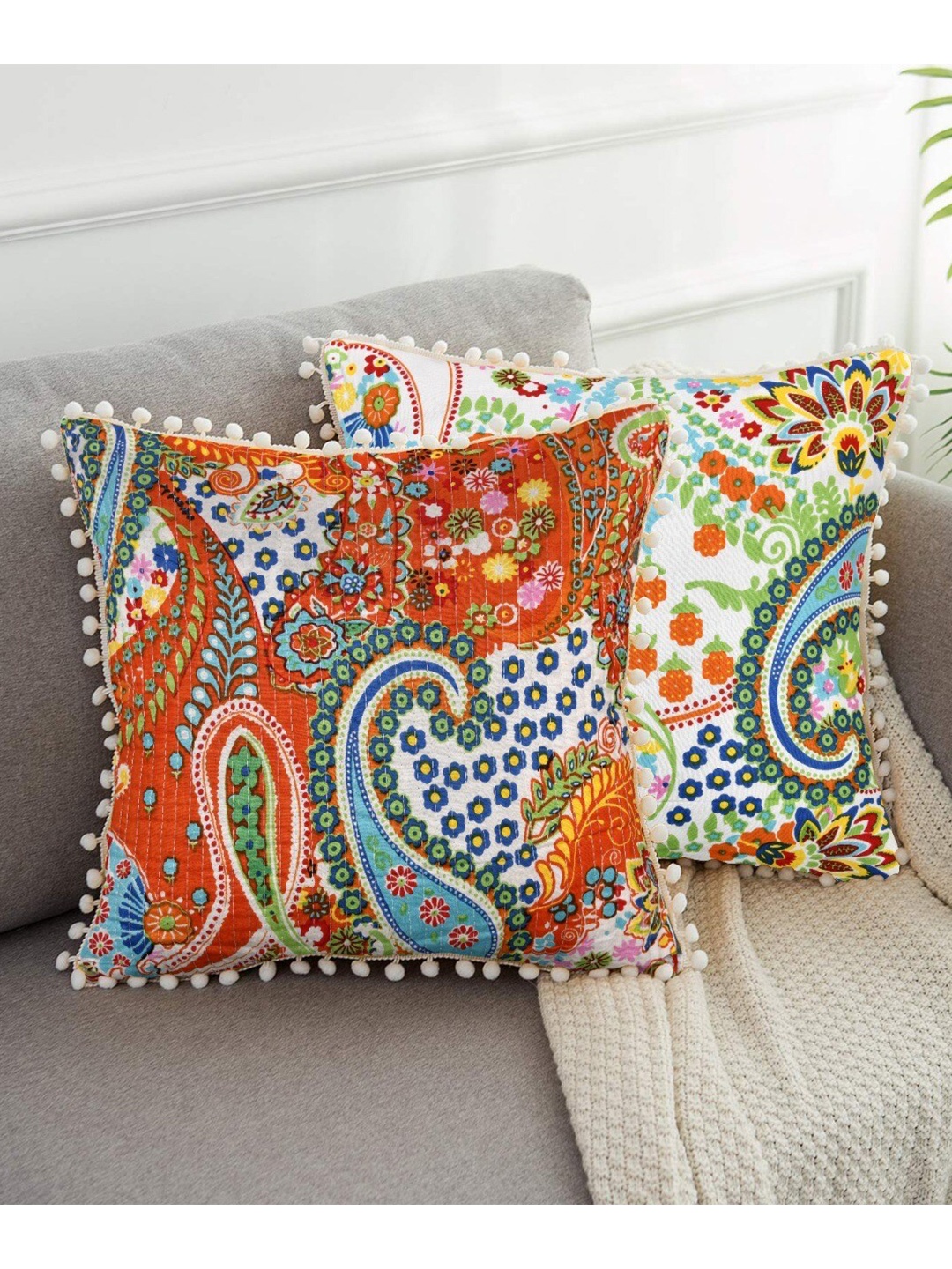 

INDHOME LIFE Set of 2 Ethnic Motifs Square Cushion Covers, Orange