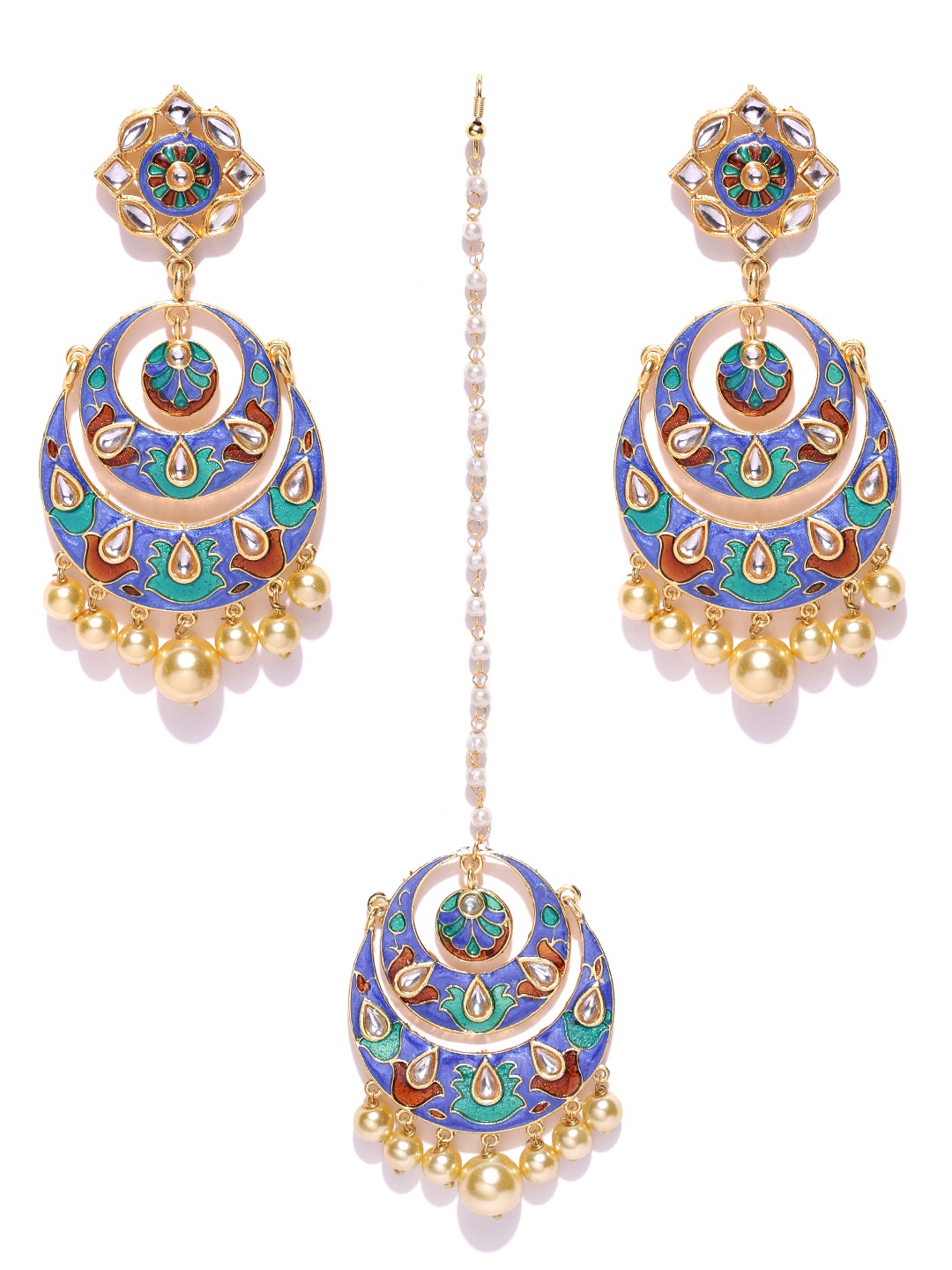 

FIROZA Blue & Gold-Toned Handpainted Kundan Stone-Studded Jewellery Set
