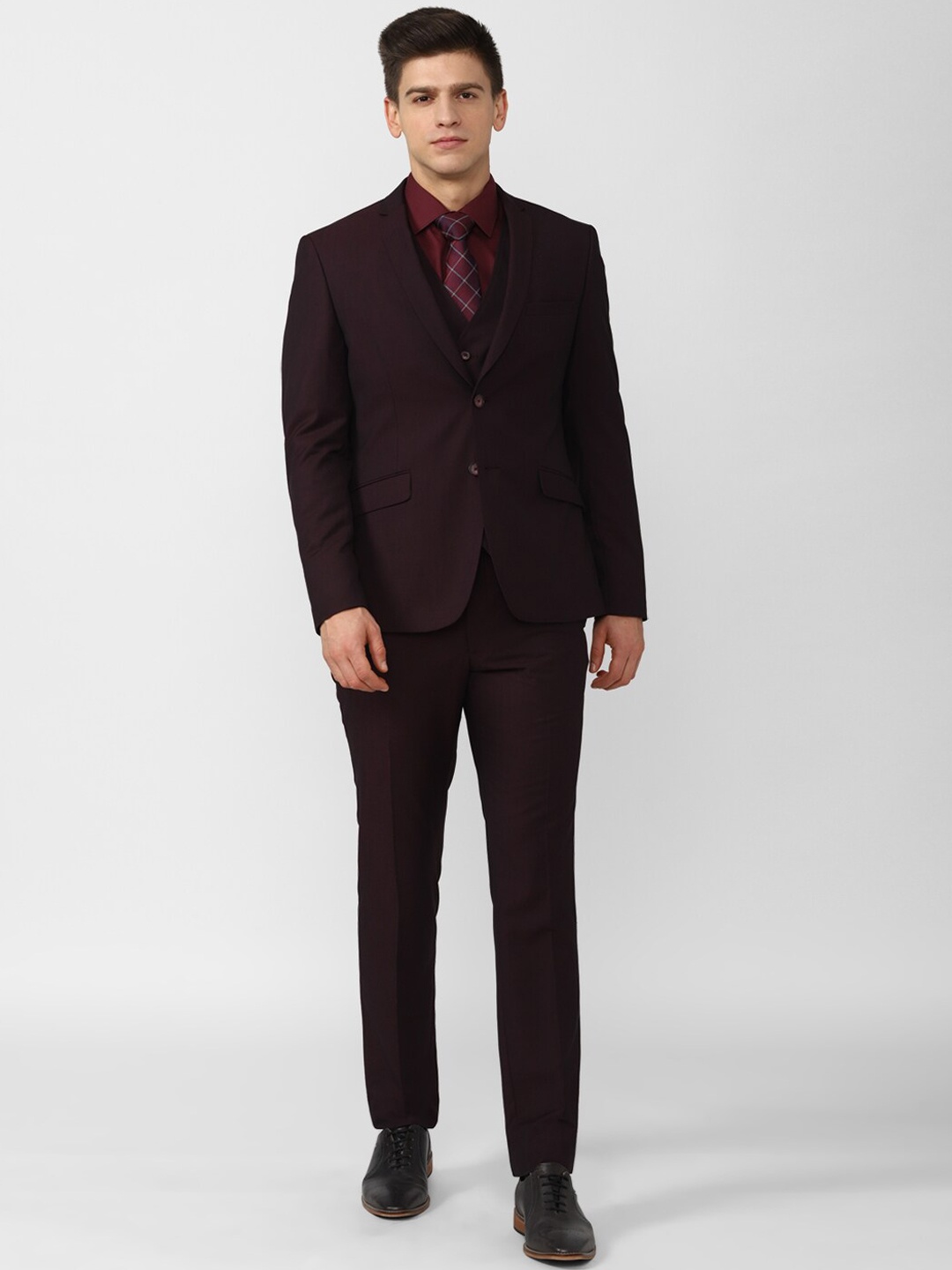 

V Dot Men Maroon Solid Slim-Fit Single-Breasted 3-Piece Formal Suit