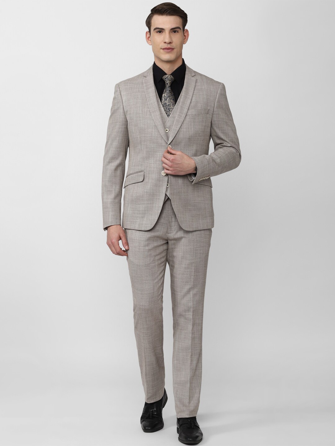 

V Dot Men Grey Self-Design Single-Breasted Slim-Fit 3-Piece Suit