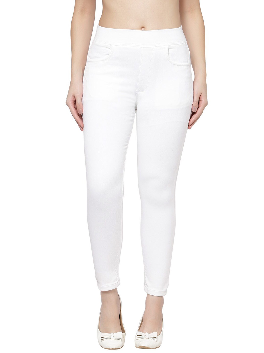 

Prag & Co Women White Solid Skinny-Fit Super Combed Cotton Jeggings