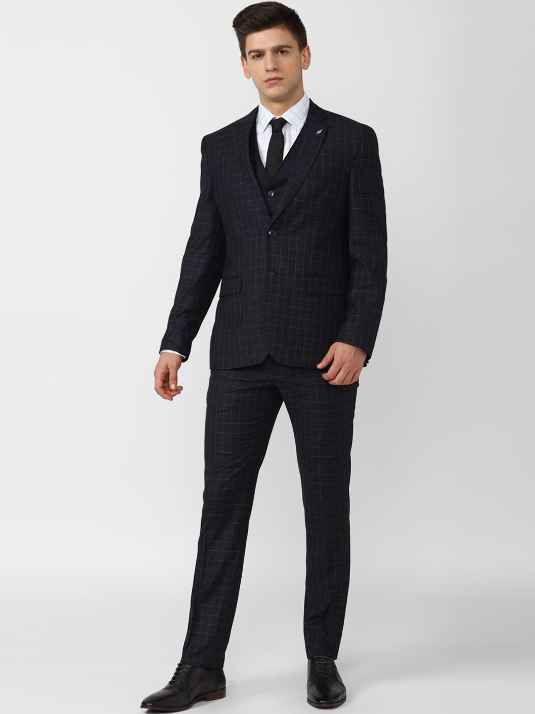 

Van Heusen Men Navy Blue Checked Slim-Fit Single-Breasted Four-Piece Formal Suit