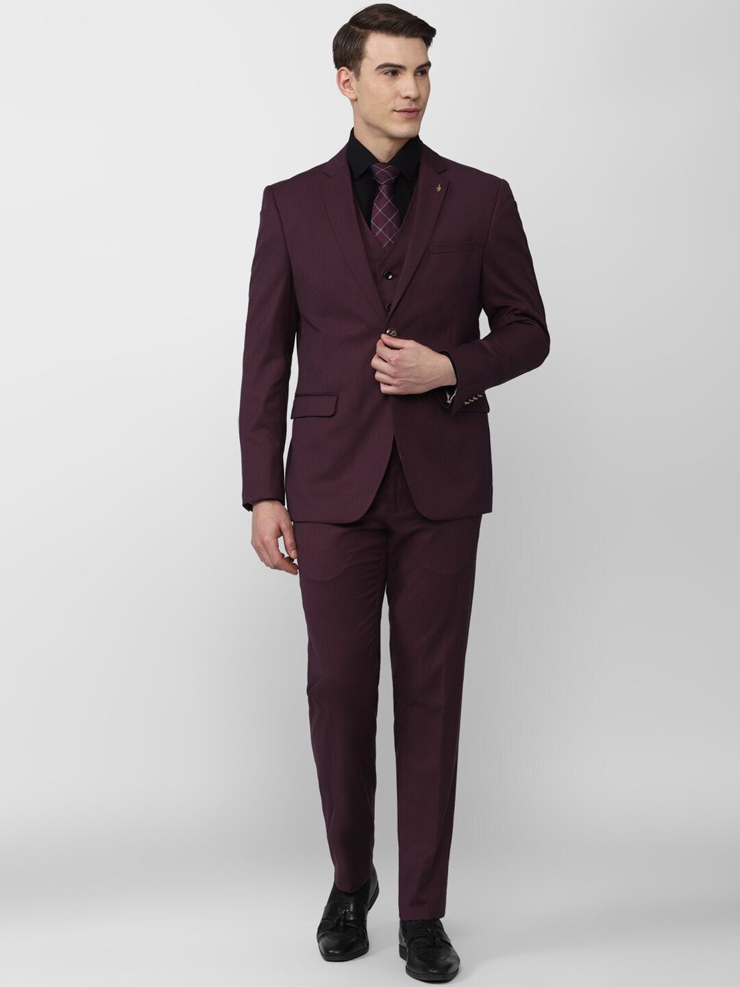 

Van Heusen Men Purple Solid Single-Breasted 3 piece Slim-Fit Three-Piece Suit