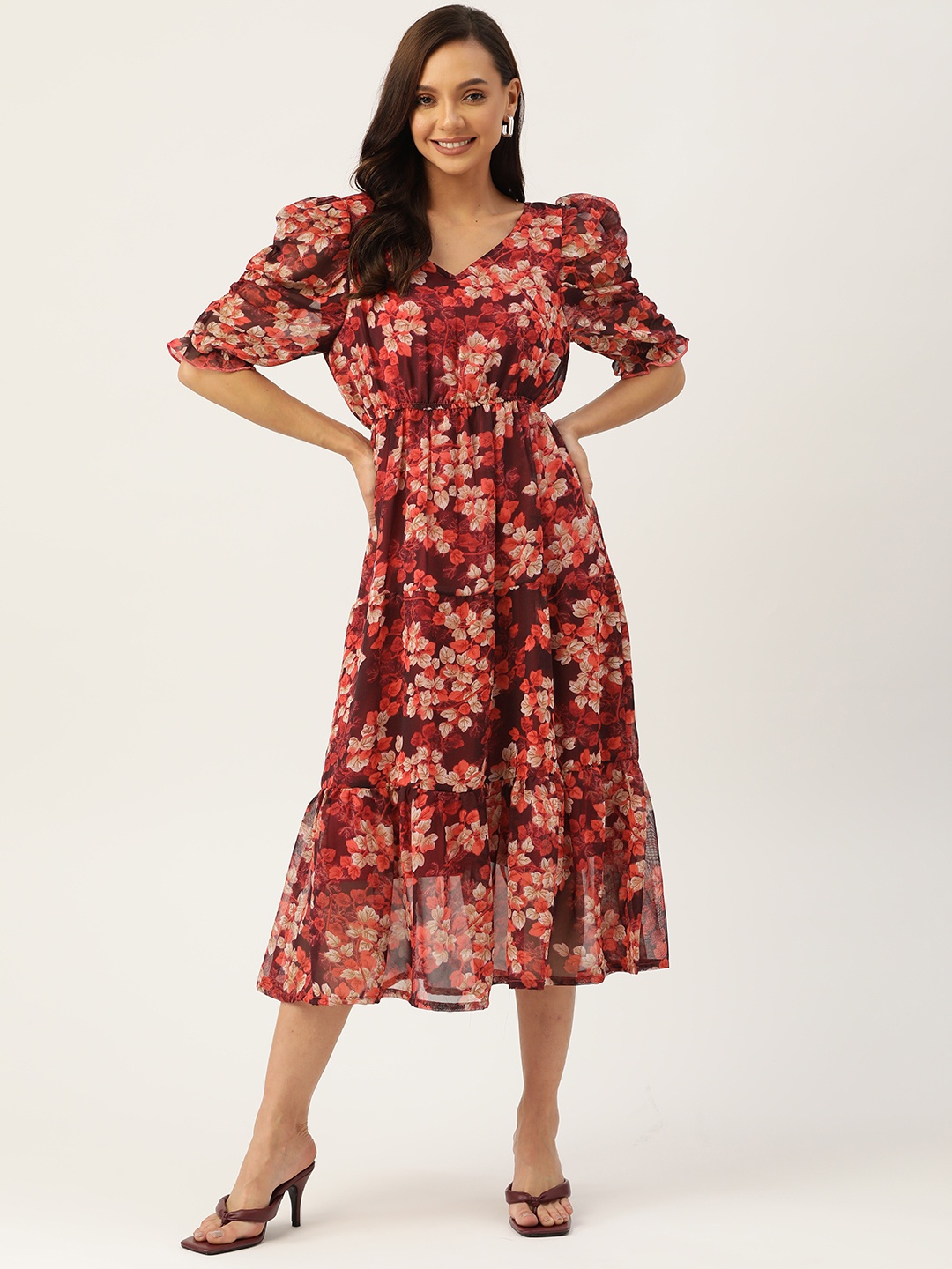

WISSTLER Red Floral Georgette Midi Dress