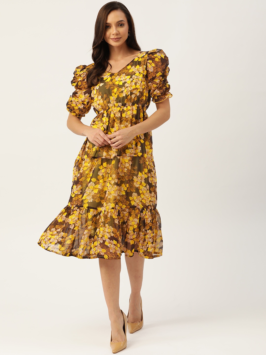 

WISSTLER Brown & Mustard Yellow Floral Georgette Midi Dress