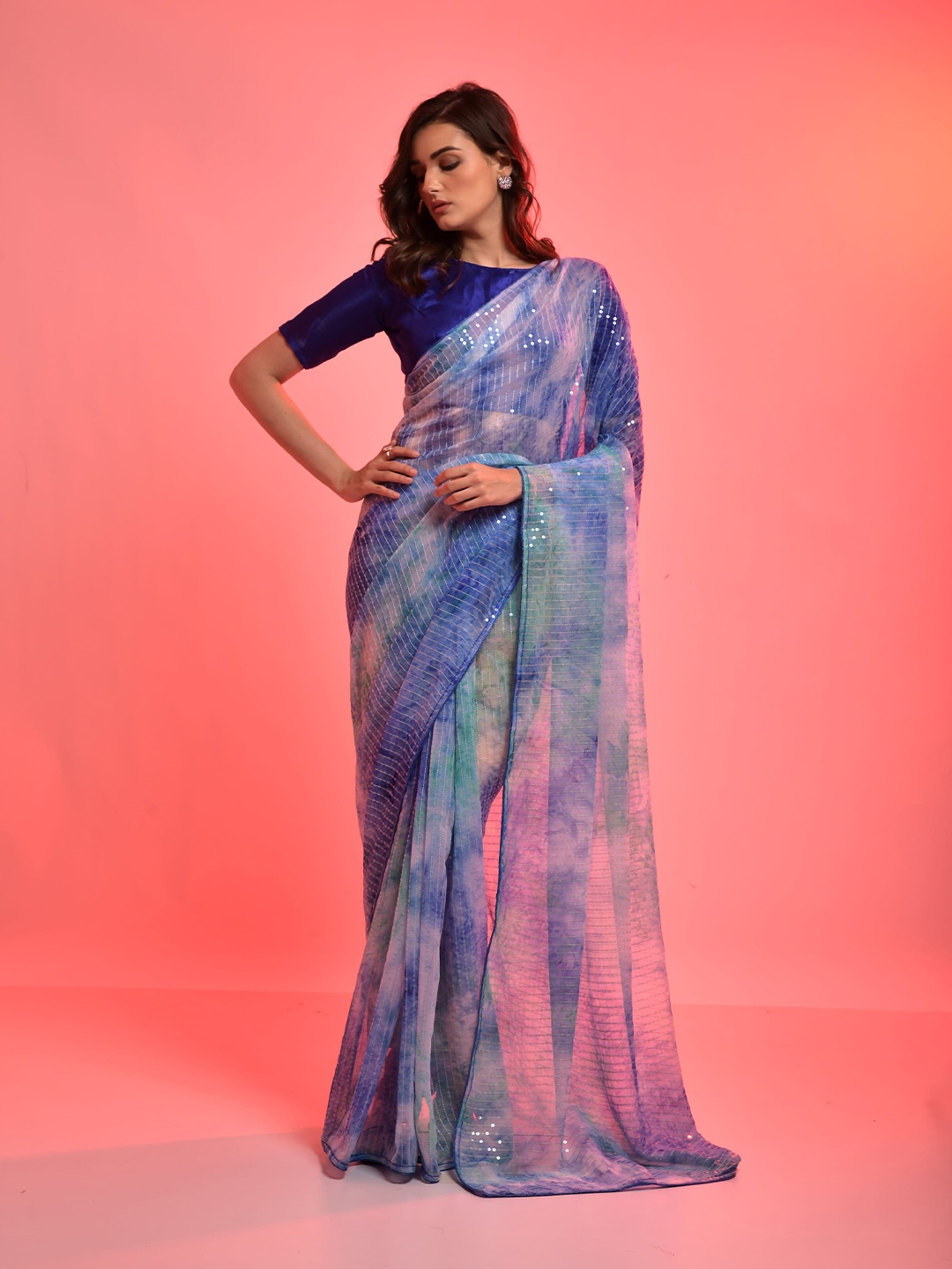 

elora Blue Embellished Sequinned Pure Chiffon Saree