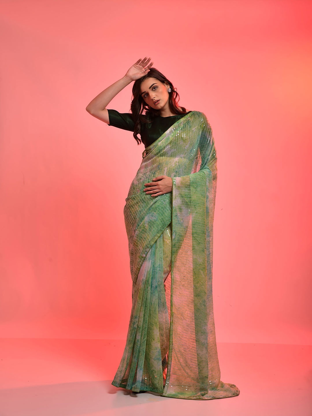 

elora Green & White Embellished Sequinned Pure Chiffon Saree