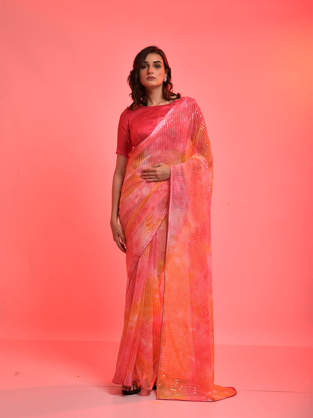 

elora Pink Embellished Sequinned Pure Chiffon Saree