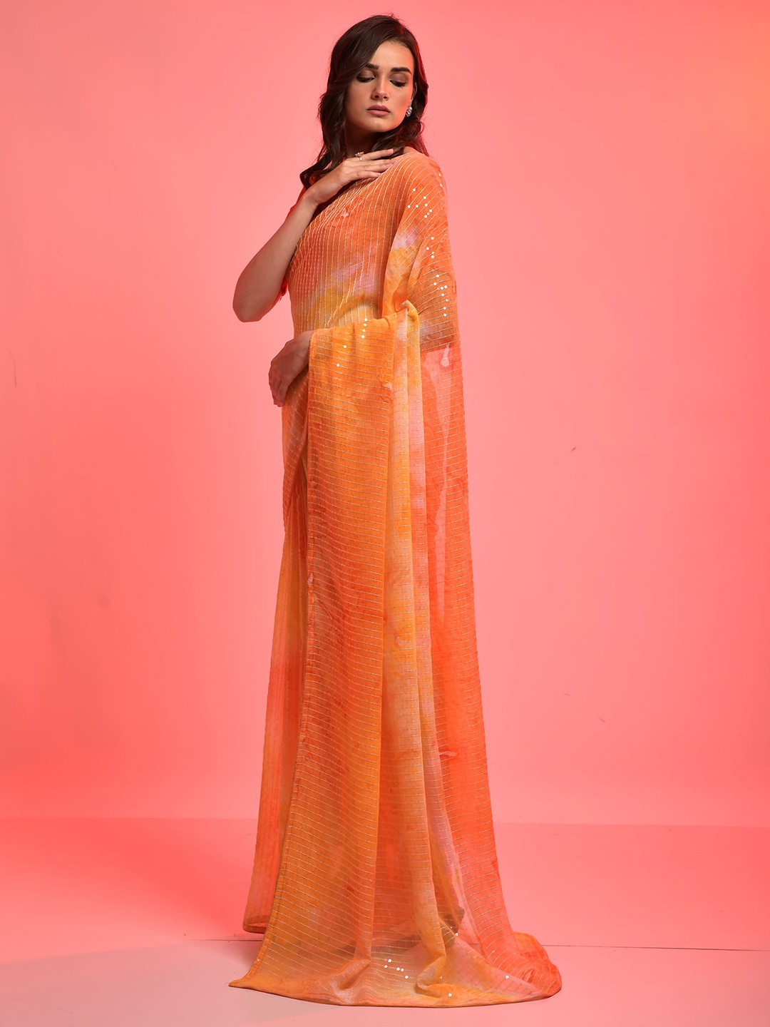 

elora Orange & White Embellished Sequinned Pure Chiffon Saree