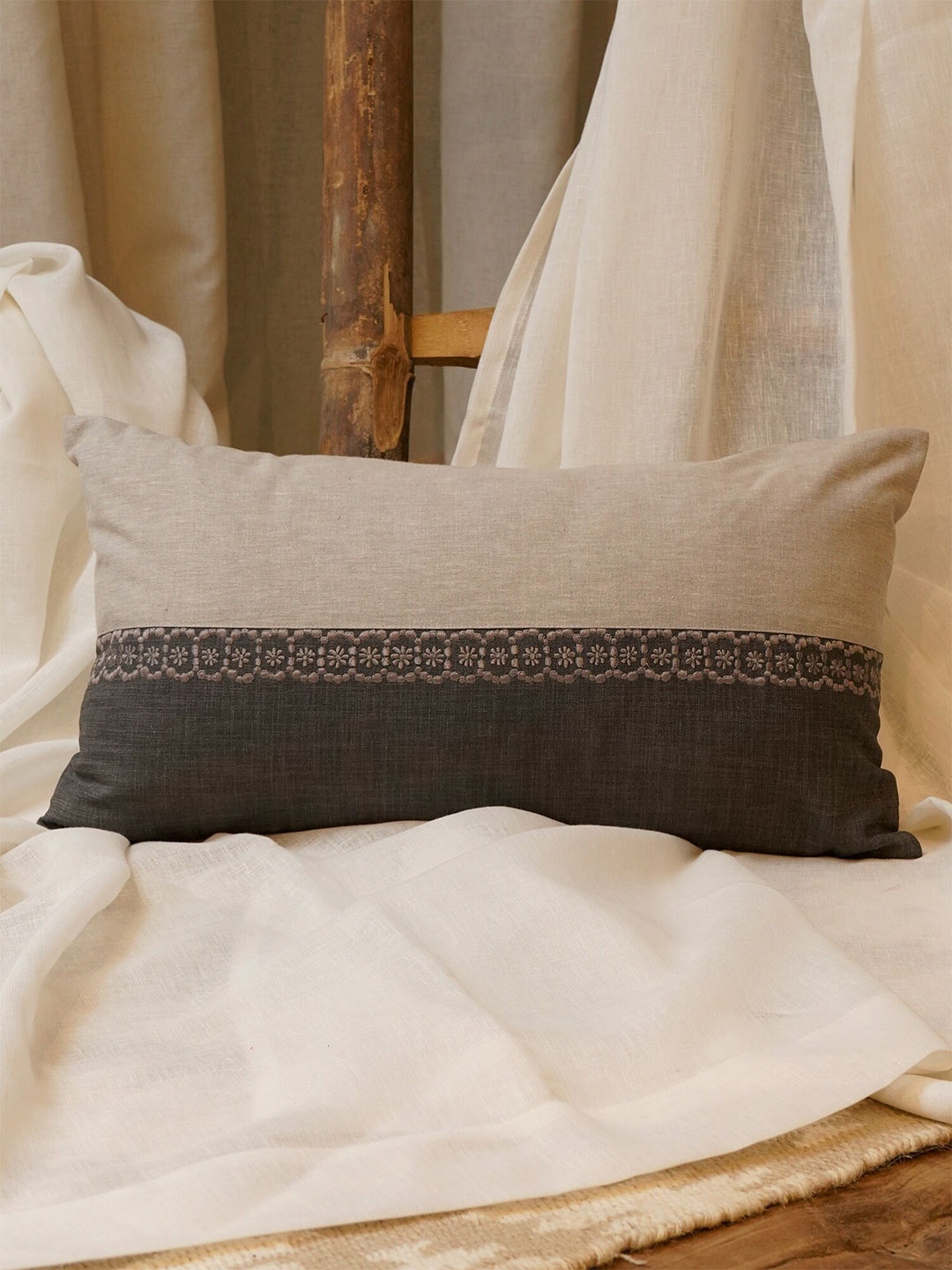 

ZEBA Grey Embroidered Rectangle Cushion Covers