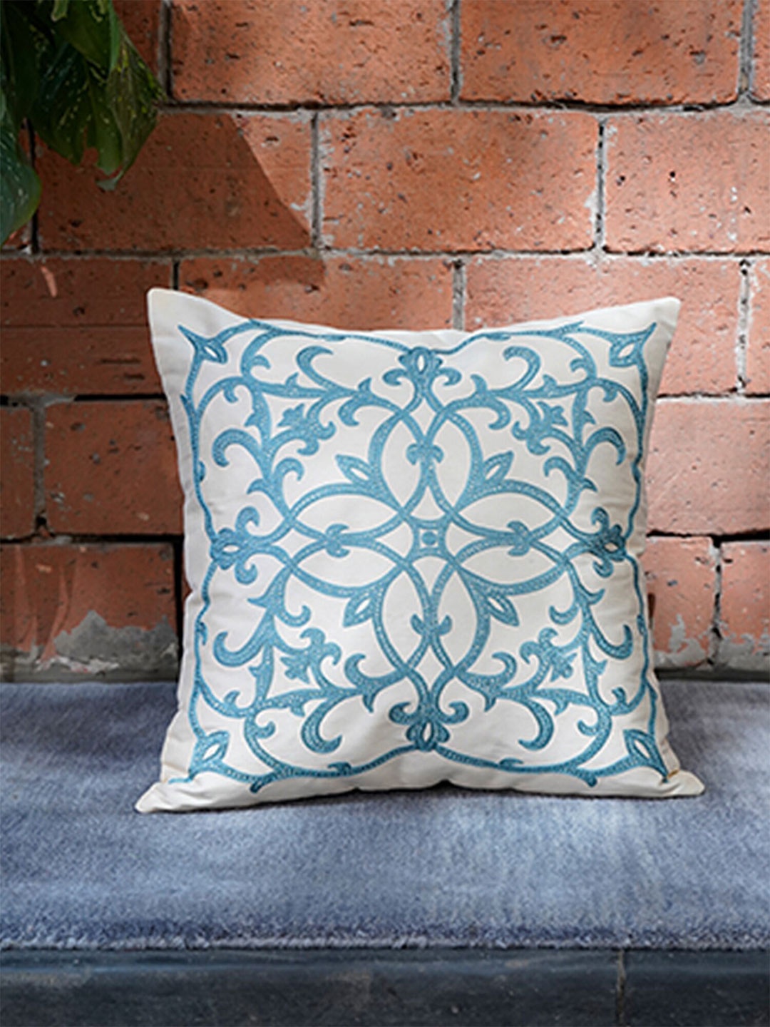 

ZEBA Cream-Coloured & Blue Embroidered Square Cushion Covers