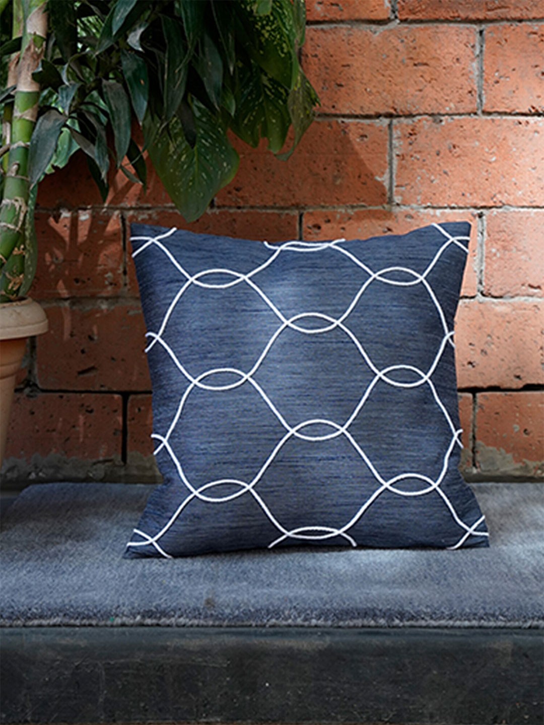 

ZEBA Blue & White Embroidered Geometric Square Polyester Cushion Covers
