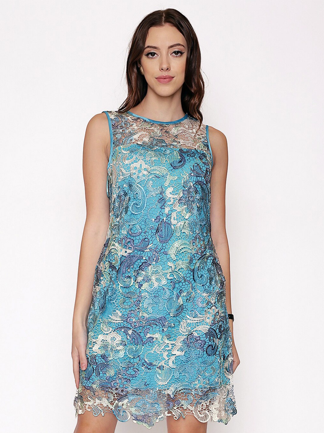 

250 DESIGNS Blue Floral Net A-Line Dress