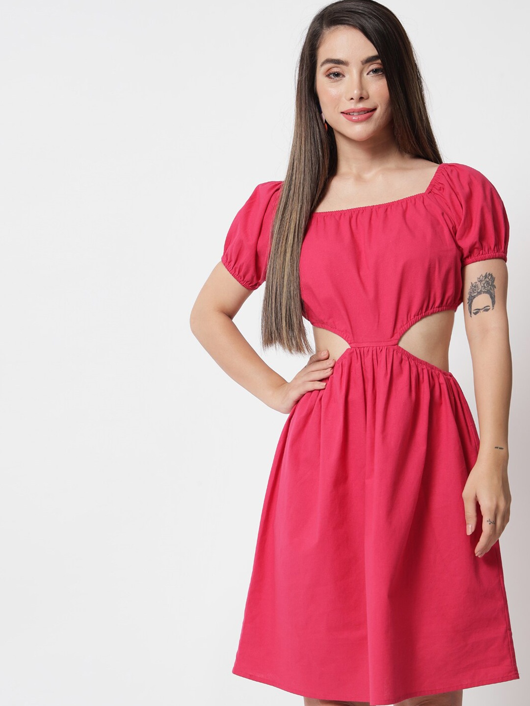 

Orchid Blues Fuchsia Waist Cut Out Square Neck Fit & Flare Dress