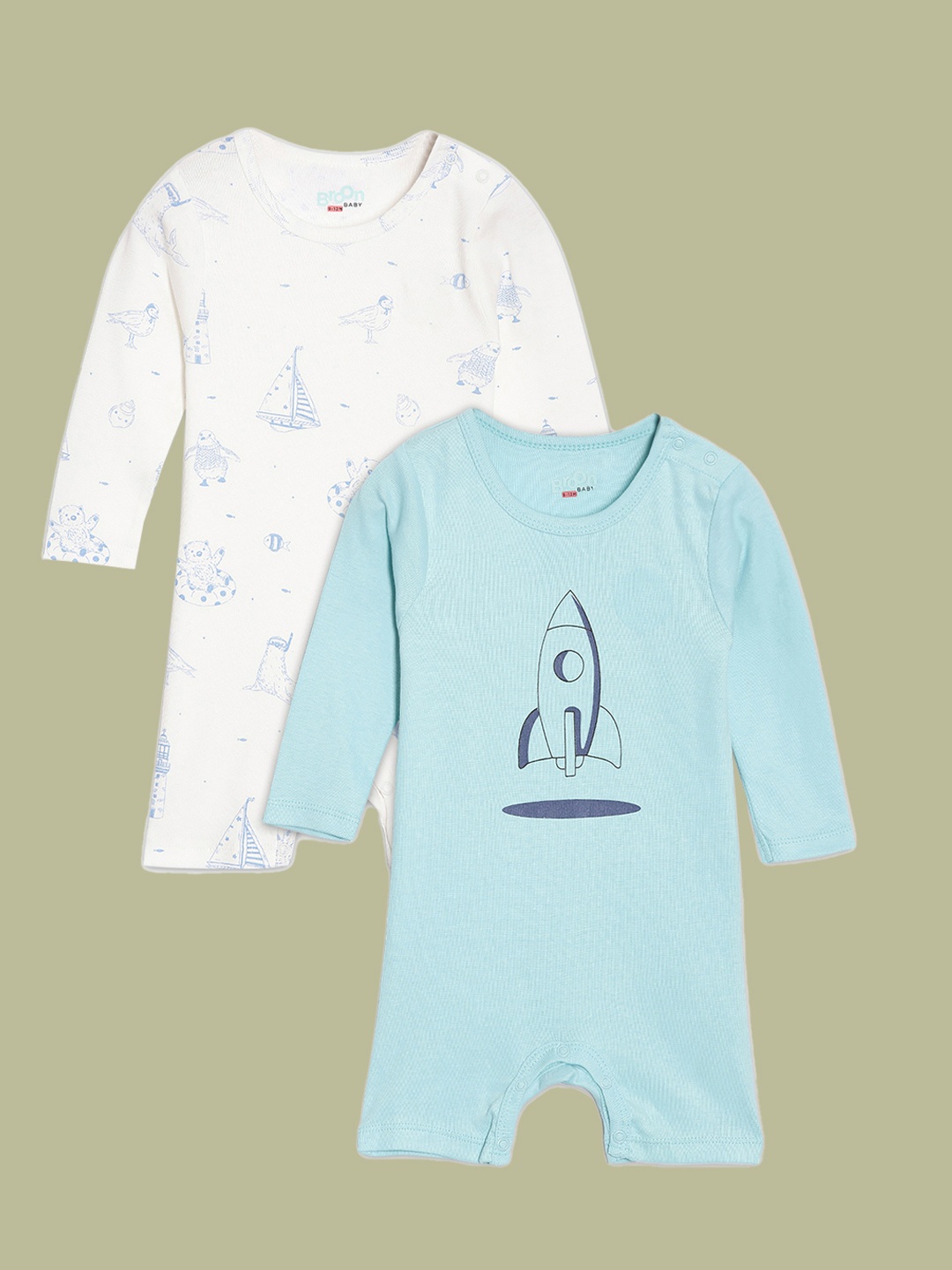 

Broon Infant Boys Pack of 2 White and Sea Green Printed Pure Organic Cotton Rompers