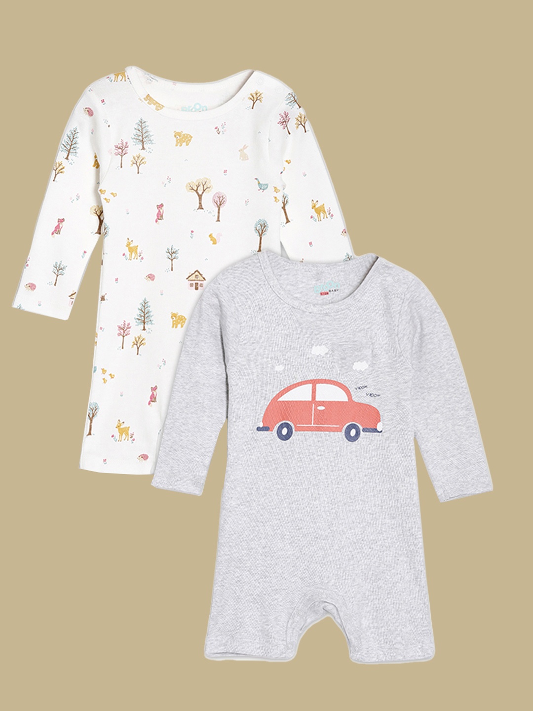 

Broon Infant Boys Pack of 2 Printed Cotton Rompers, Grey melange