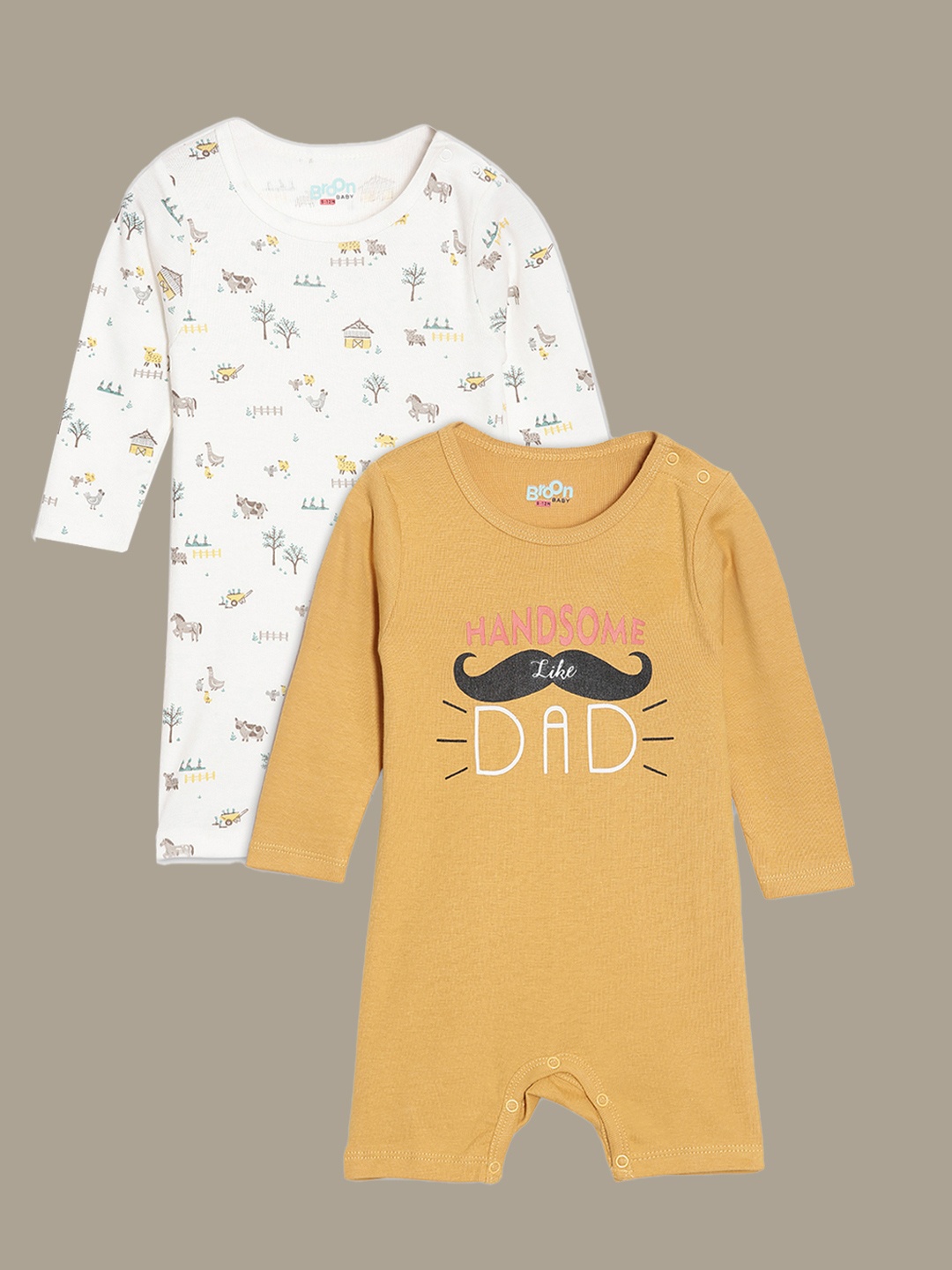 

Broon Boys Pack of 2 Mustard & Off White Printed Pure Organic Cotton Rompers