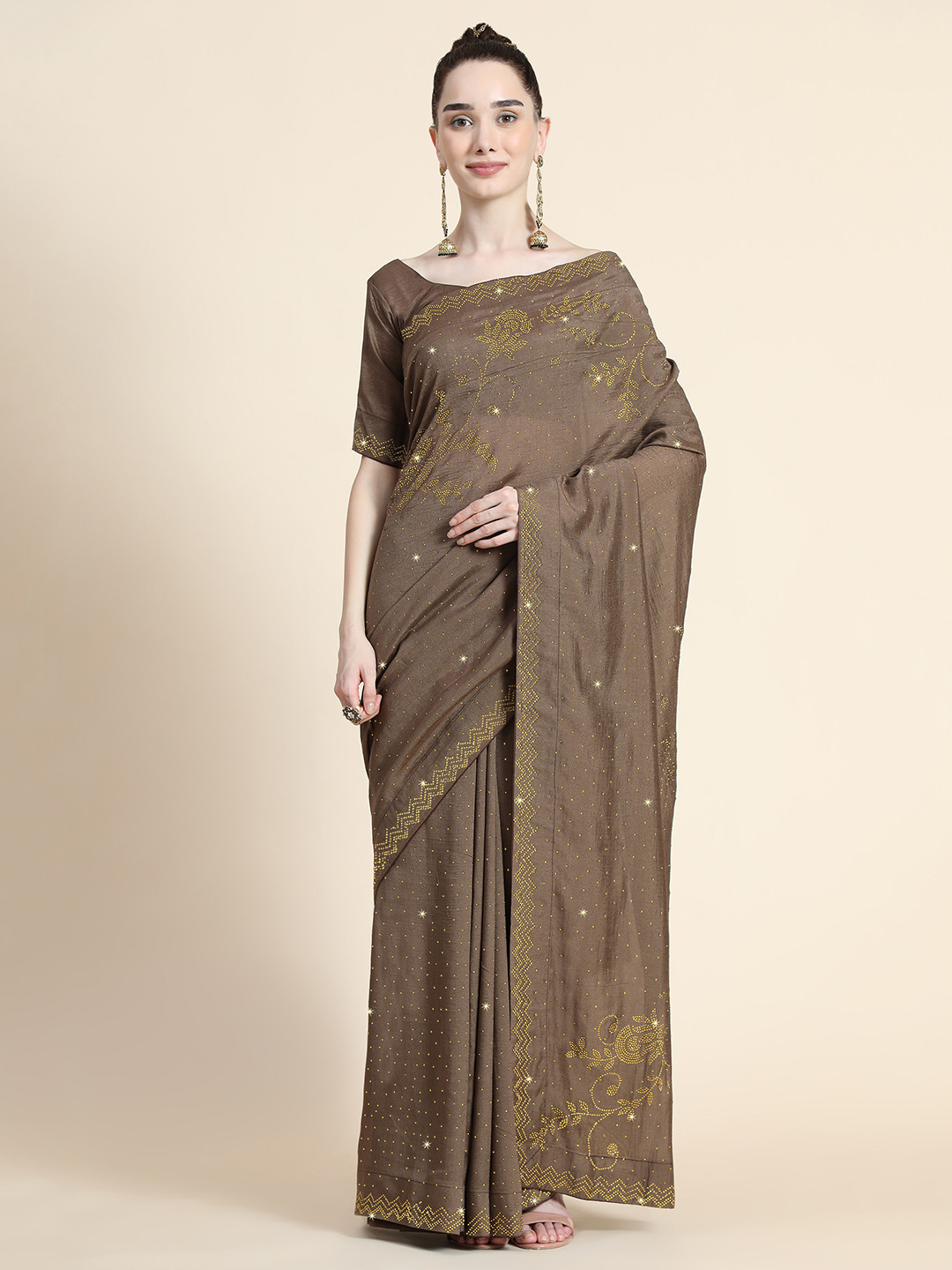 

PUNYATHA CREATION Coffee Brown Floral Pure Silk Saree