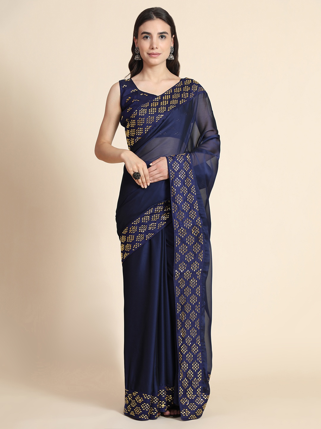

PUNYATHA CREATION Navy Blue & Gold-Toned Embellished Pure Silk Saree