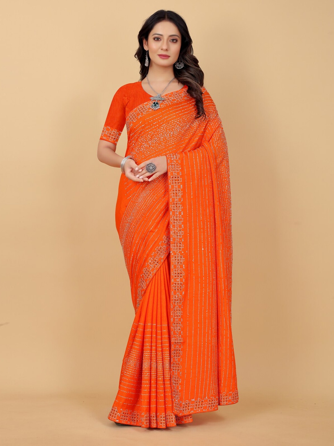 

PUNYATHA CREATION Orange & Silver-Toned Embellished Sequinned Pure Silk Saree