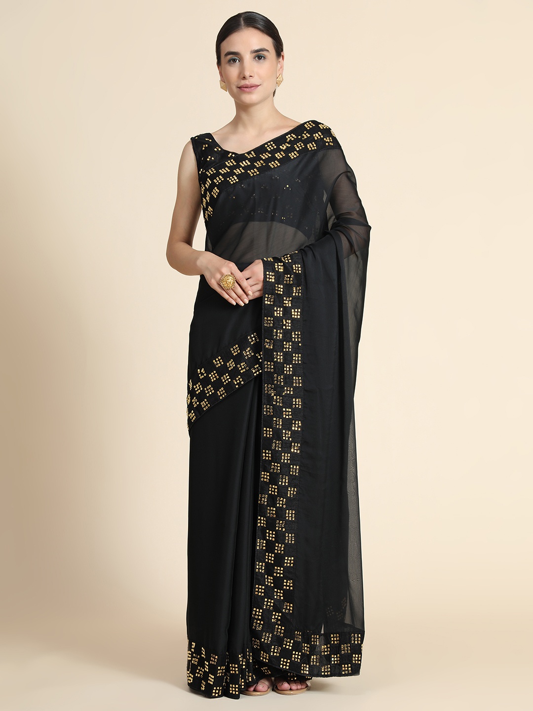 

PUNYATHA CREATION Black Embellished Pure Silk Saree