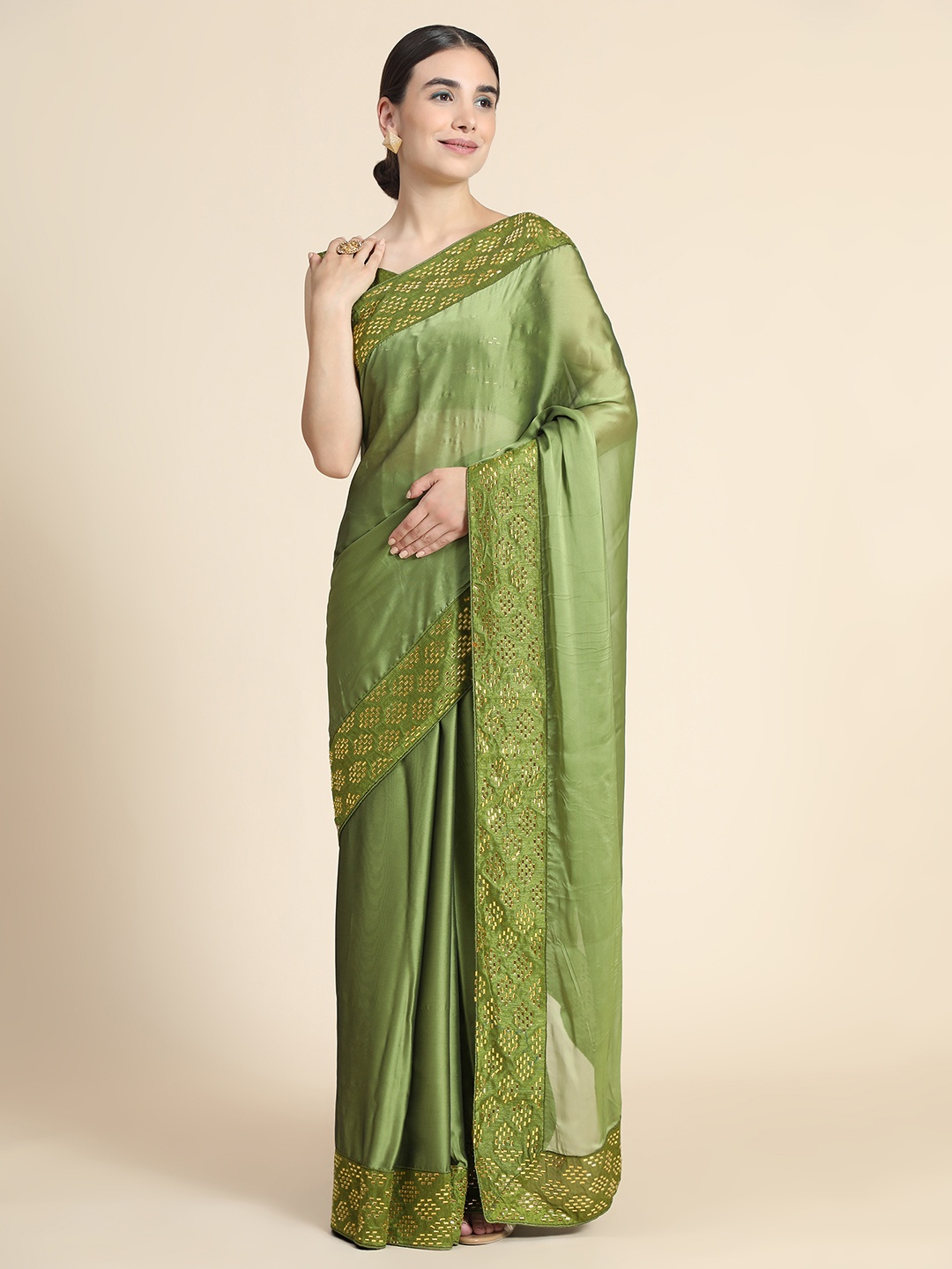 

PUNYATHA CREATION Olive Green Zari Pure Silk Saree