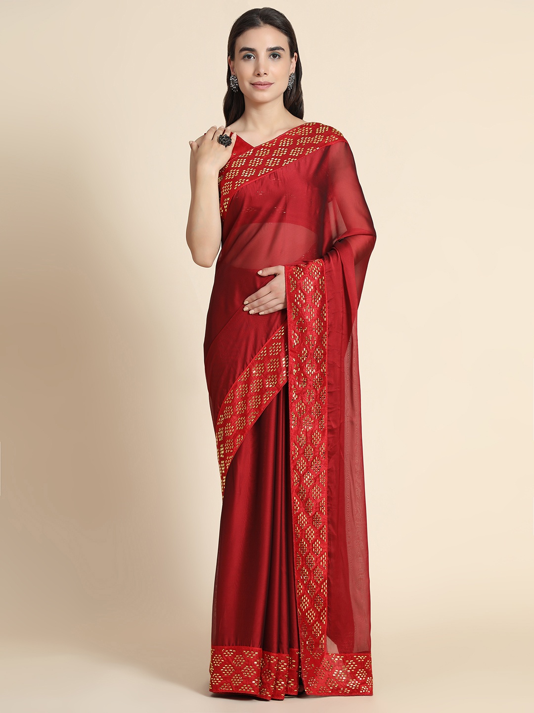 

PUNYATHA CREATION Red Embellished Zari Pure Silk Saree