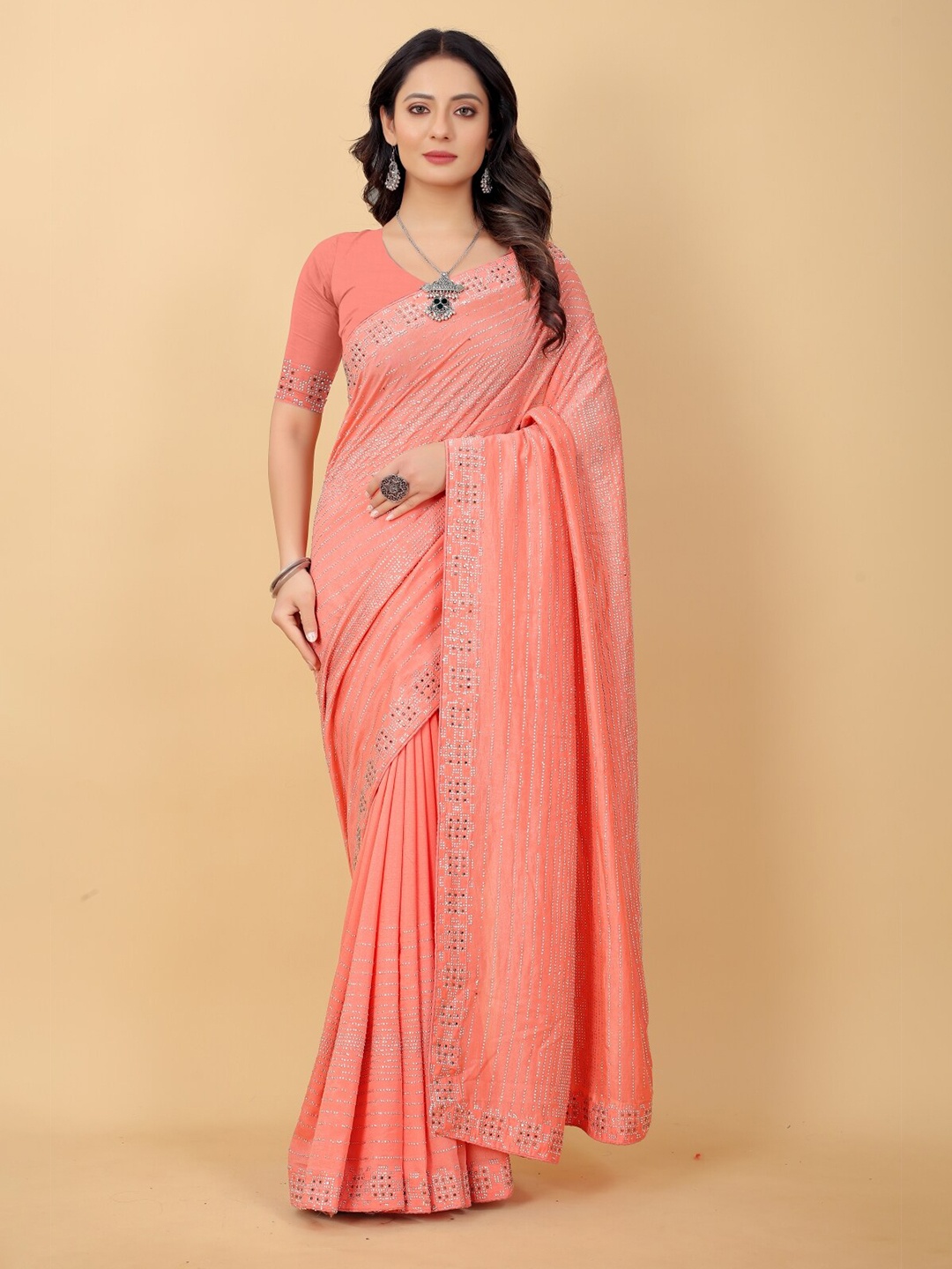 

PUNYATHA CREATION Peach-Coloured Embellished Pure Silk Saree