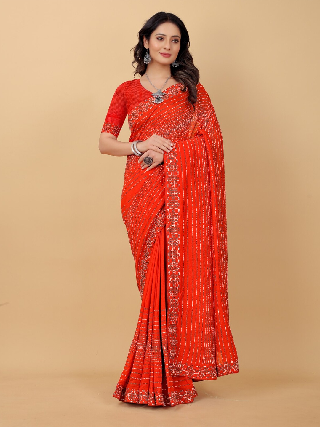 

PUNYATHA CREATION Red Embellished Pure Silk Saree