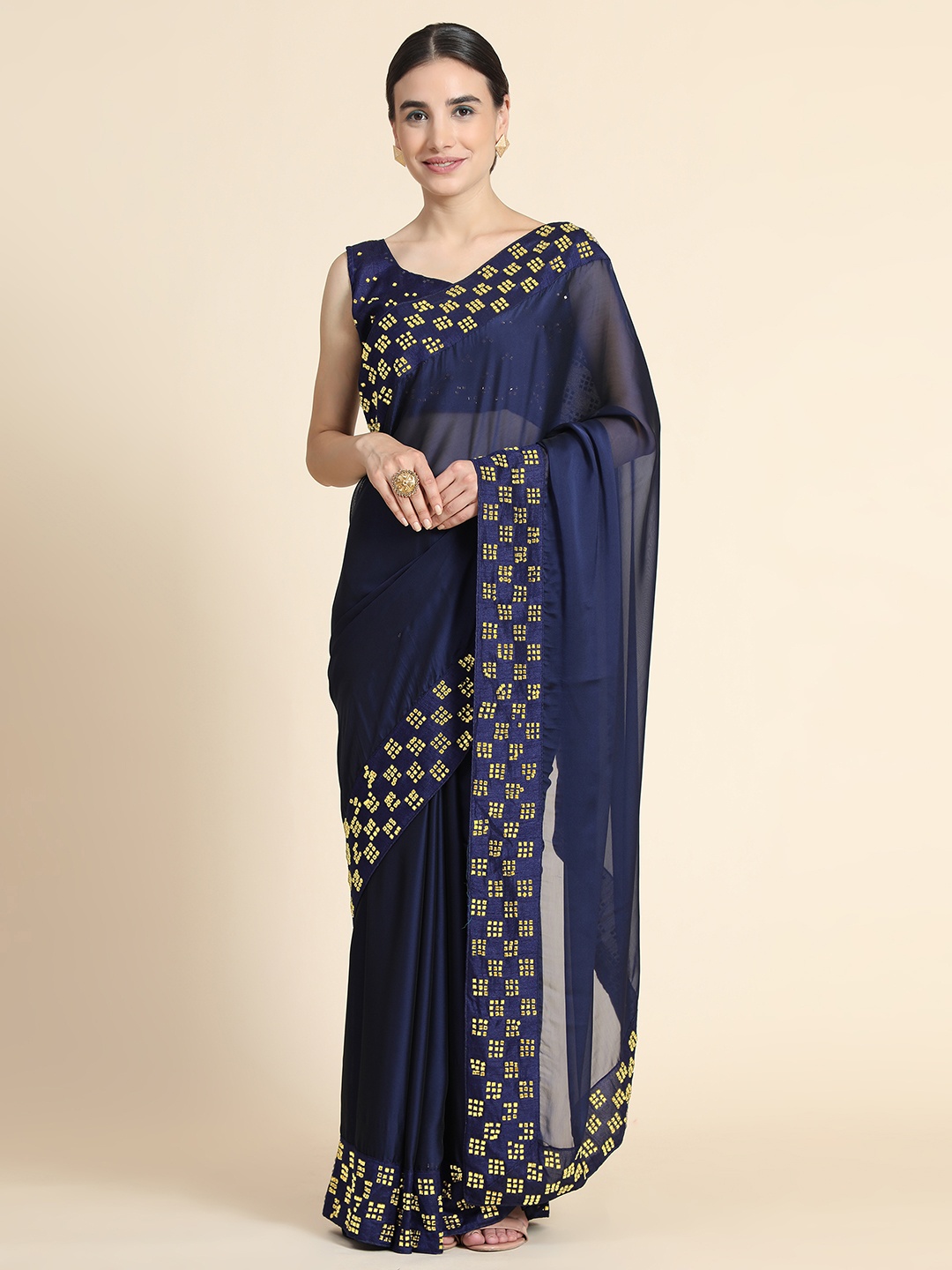 

PUNYATHA CREATION Navy Blue Embellished Pure Silk Saree