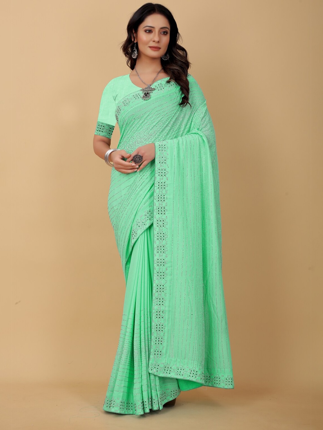 

PUNYATHA CREATION Sea Green Embellished Pure Silk Saree