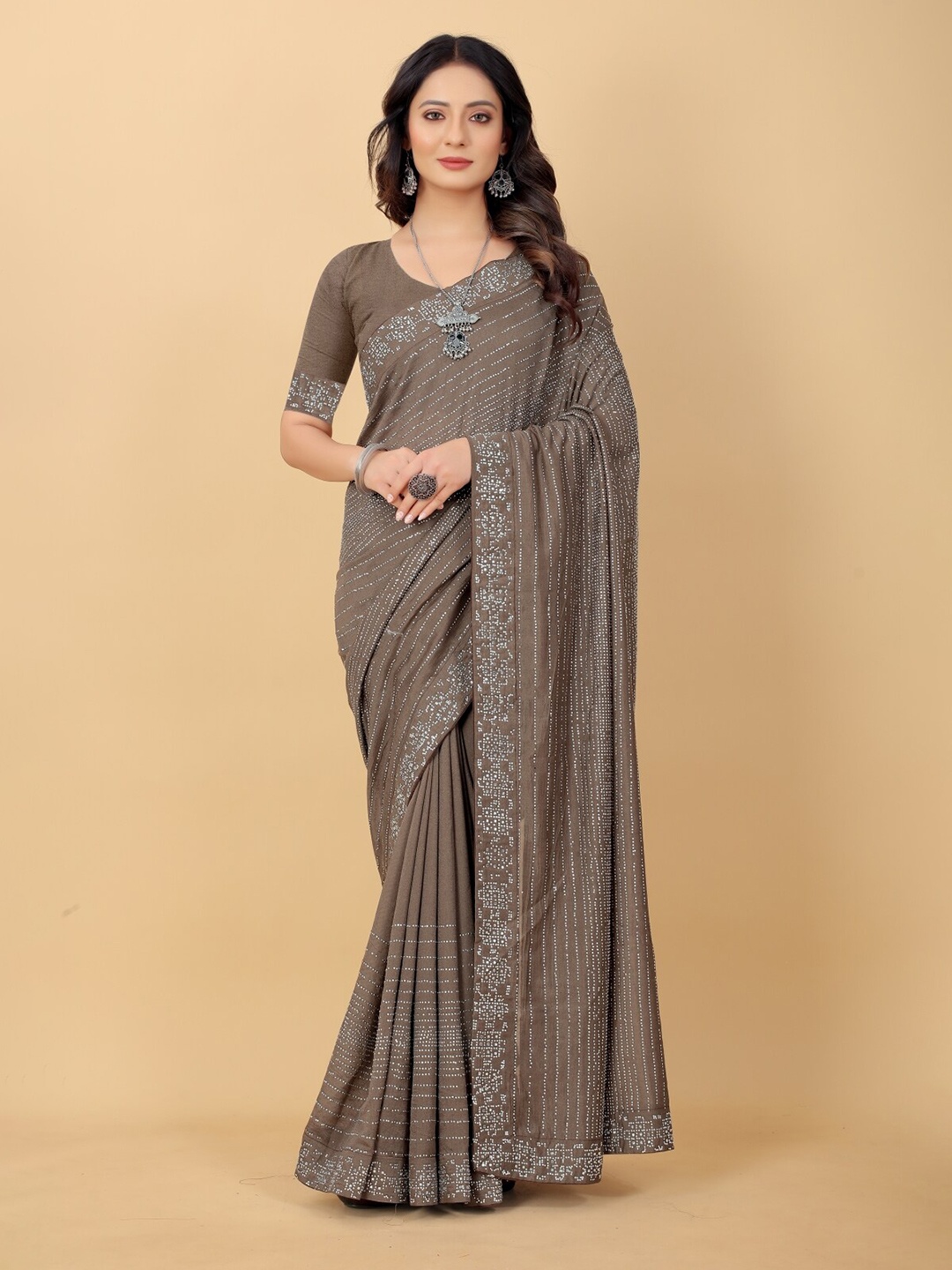 

PUNYATHA CREATION Coffee Brown Embellished Sequinned Pure Silk Saree