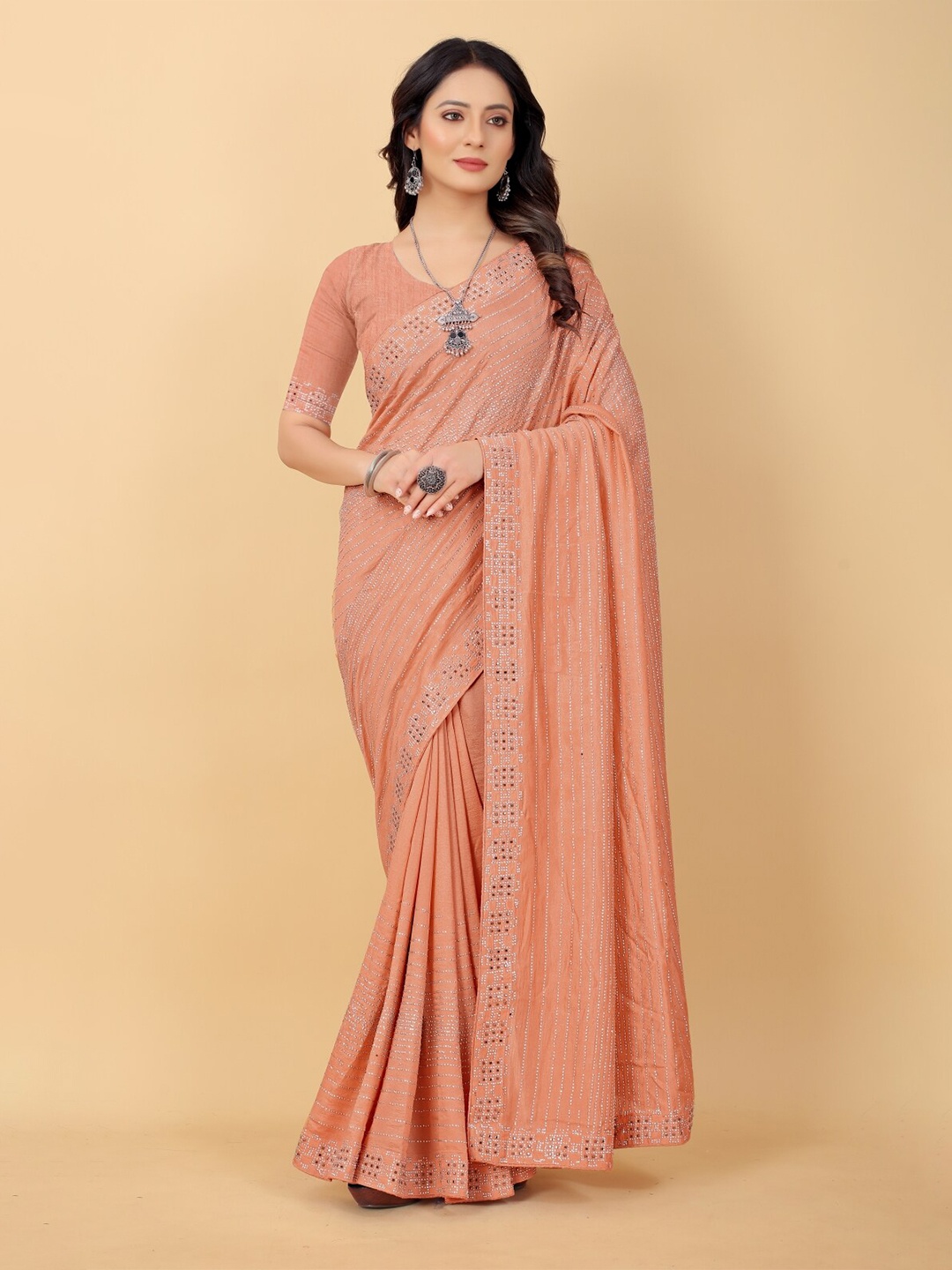 

PUNYATHA CREATION Peach-Coloured & Silver-Toned Embellished Pure Silk Saree