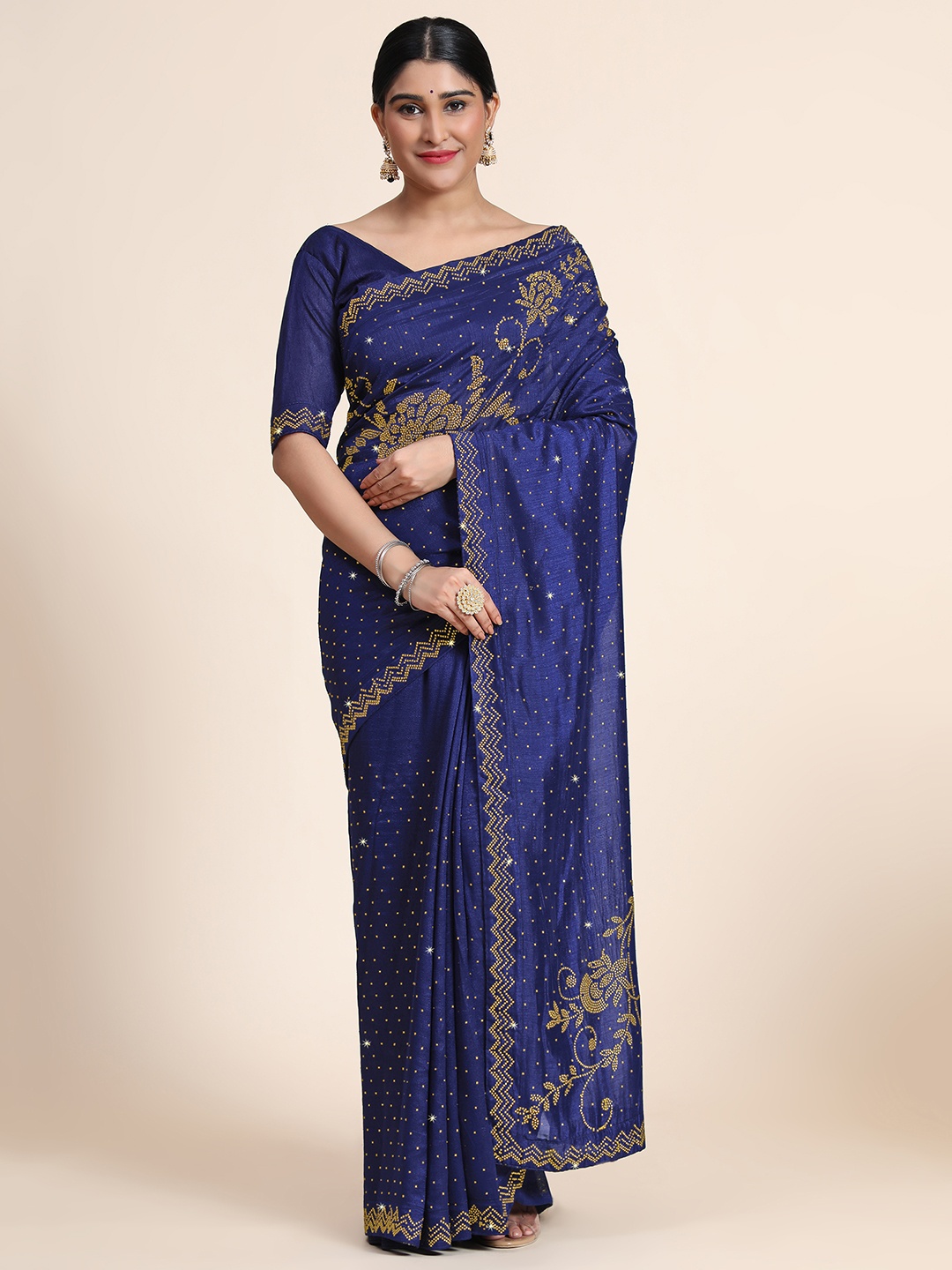 

PUNYATHA CREATION Navy Blue Embellished Pure Silk Saree