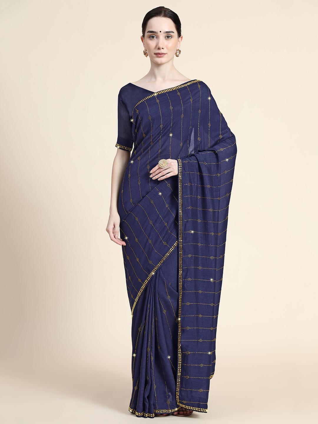 

PUNYATHA CREATION Navy Blue Embellished Sequinned Pure Silk Saree