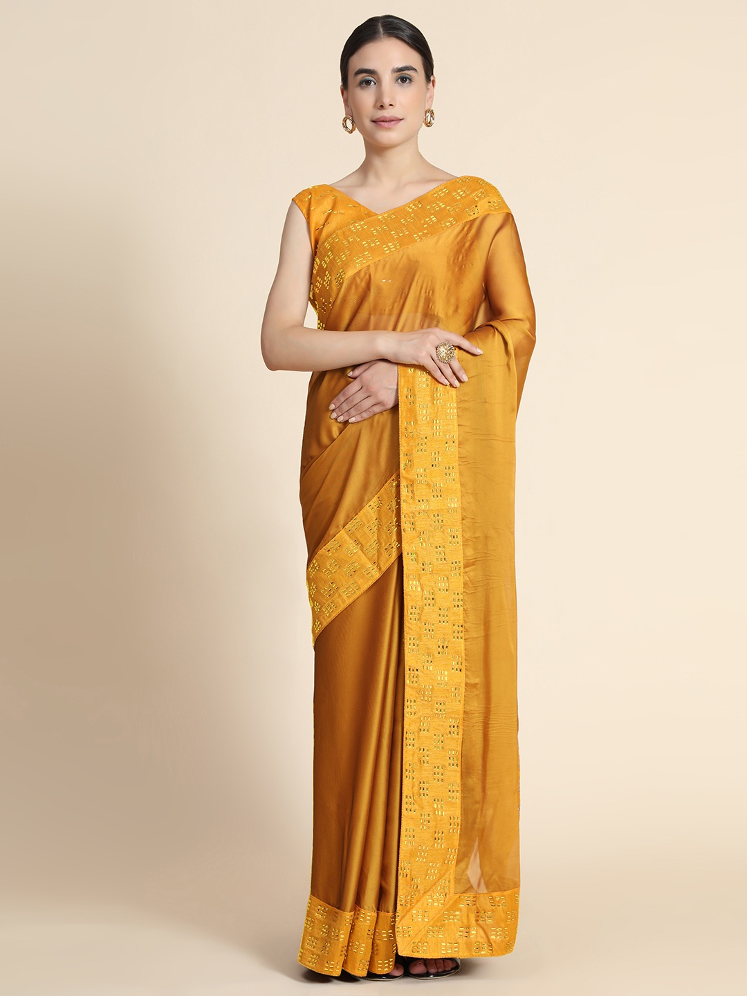 

PUNYATHA CREATION Mustard Sequinned Pure Silk Saree
