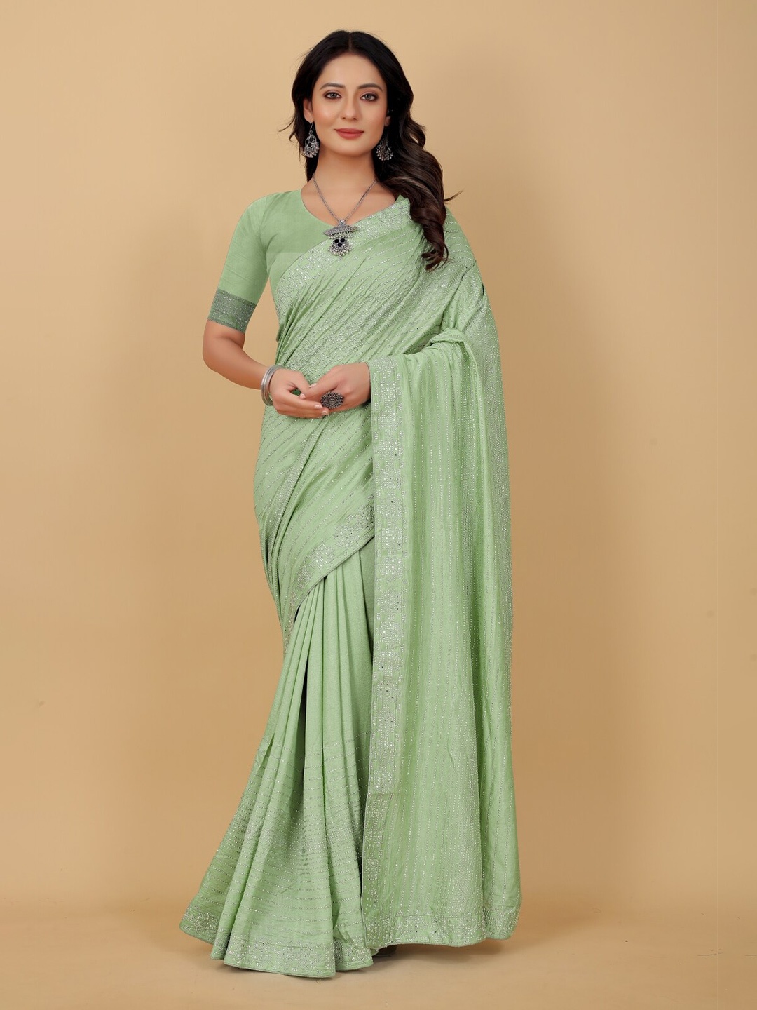 

PUNYATHA CREATION Lime Green Embellished Pure Silk Saree