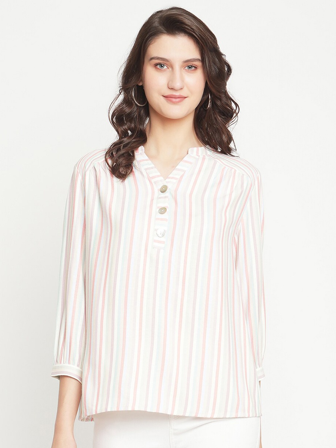 

Madame Peach-Coloured Striped Mandarin Collar Shirt Style Top