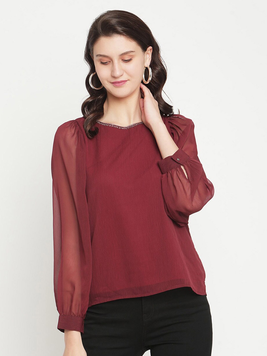 

Madame Women Maroon Puffed Sleeves Casual Top