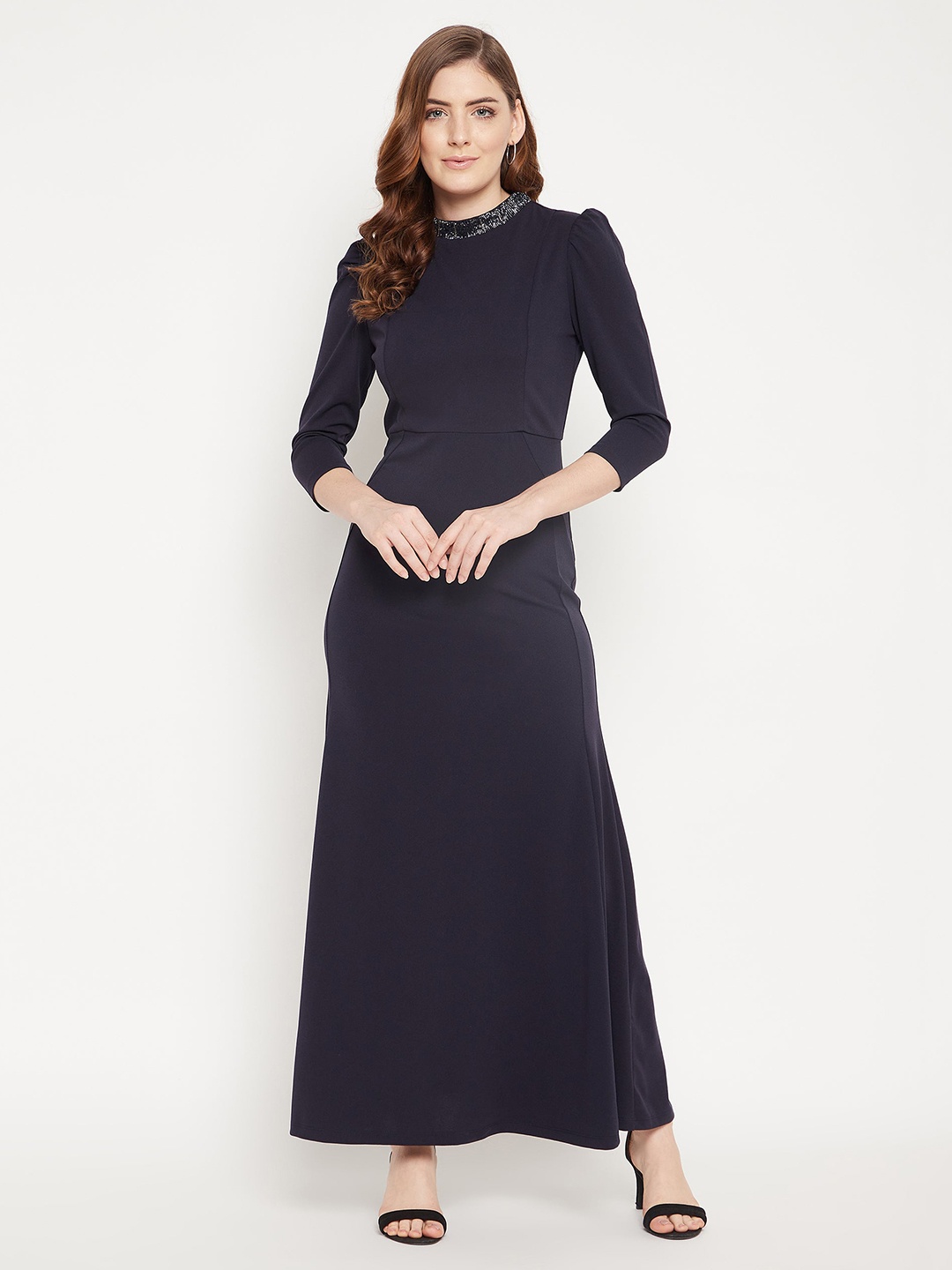 

Madame Women Navy Blue Maxi With Puff Sleeves Dress