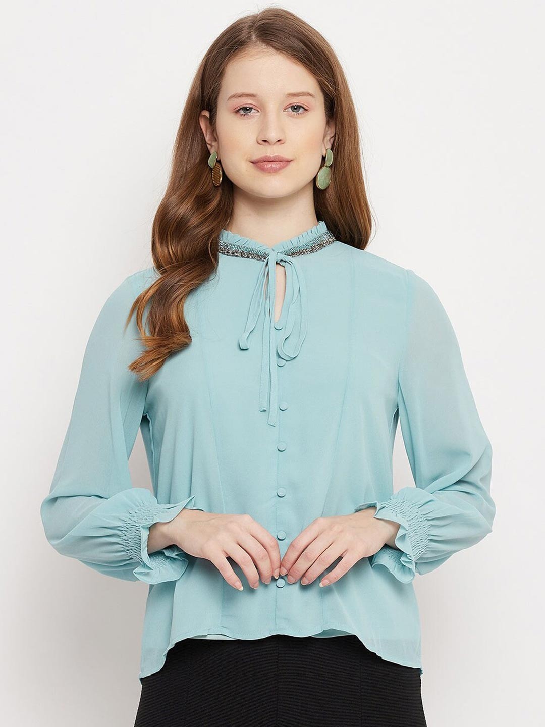 

Madame Blue Solid Tie-Up Neck Top
