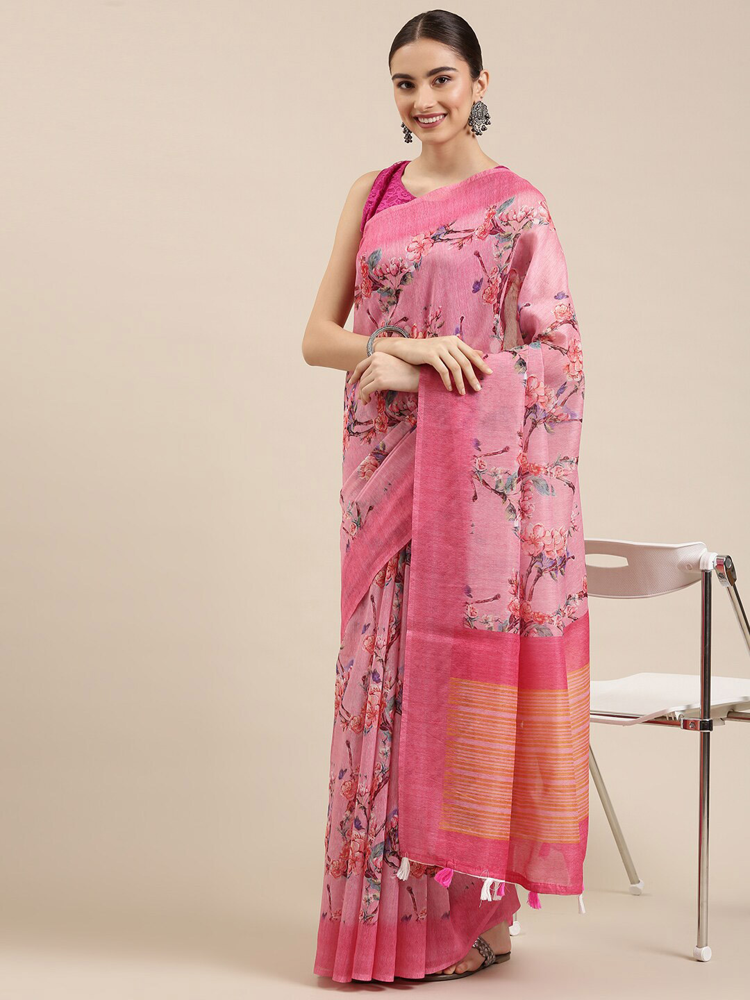

The Chennai Silks Pink & Blue Floral Bhagalpuri Saree