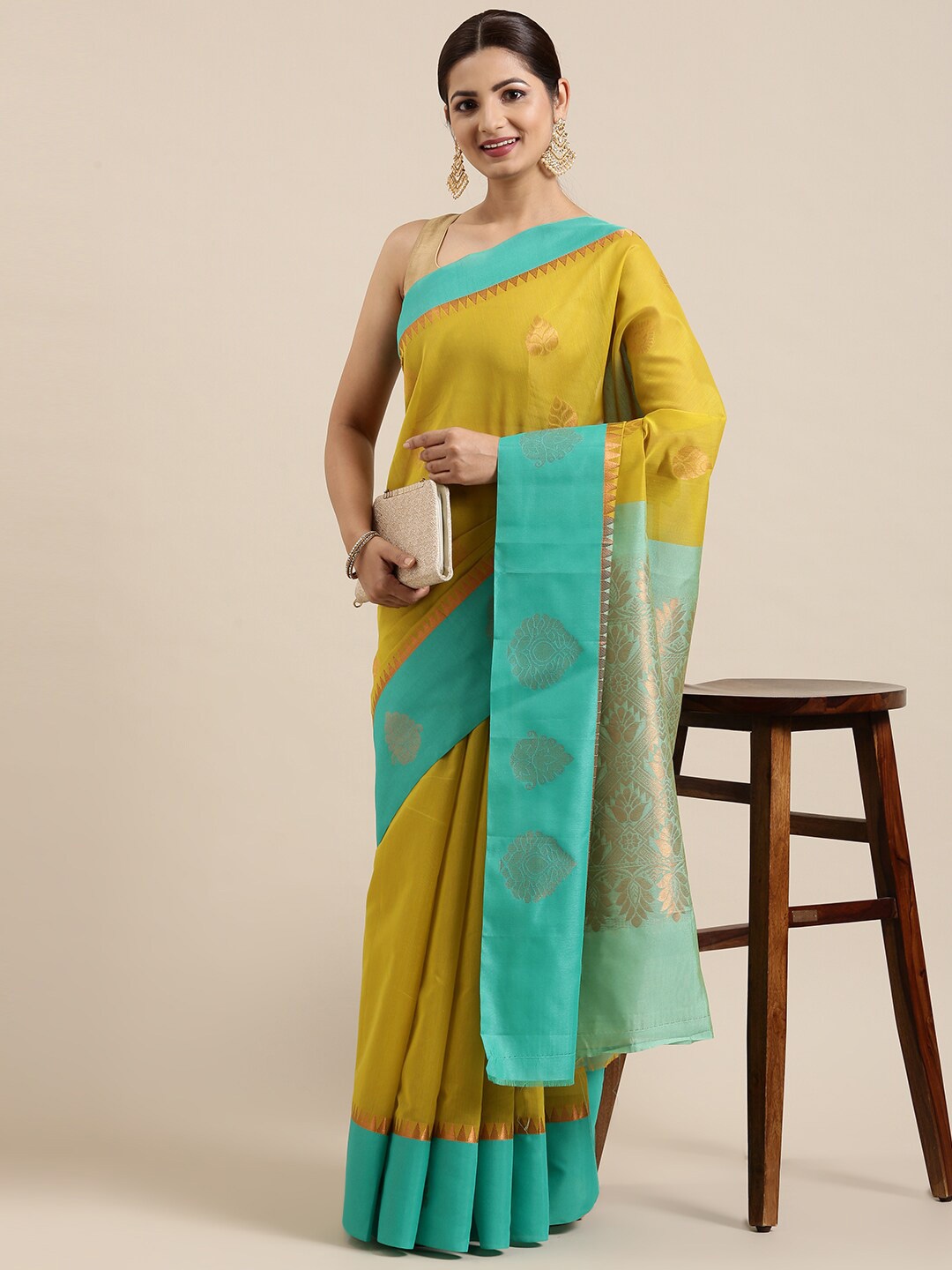 

The Chennai Silks Green & Yellow Woven Design Zari Silk Cotton Maheshwari Saree